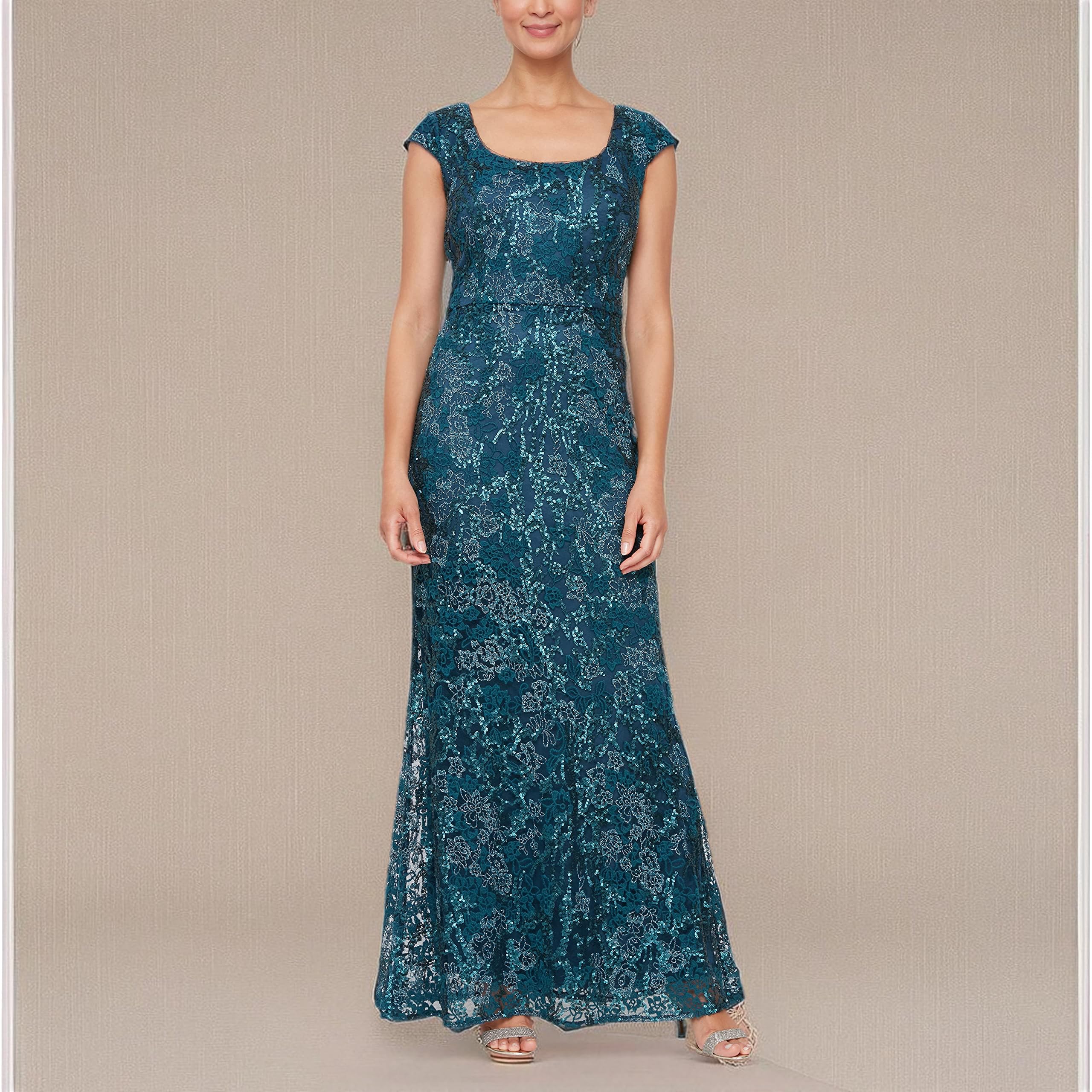 Alex Evenings Womens Long Embroidered Cap Sleeve Dress