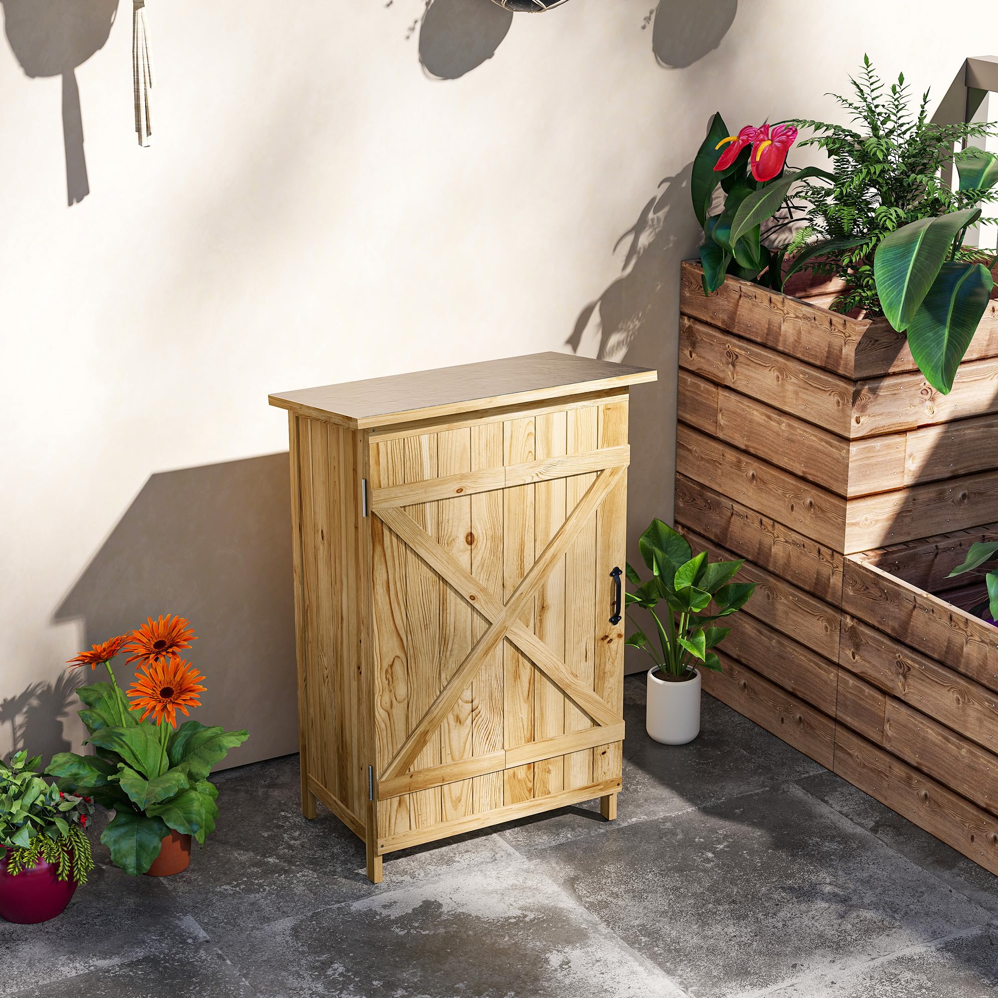 Outsunny Caseta de Jardín de Madera con 2 Estantes 63,5x40x90 cm Natural | Cobertizo Jardín Exterior, Armario para Almacenaje de Herramientas, Puerta Tipo Granero, Techo Acero Galvanizado