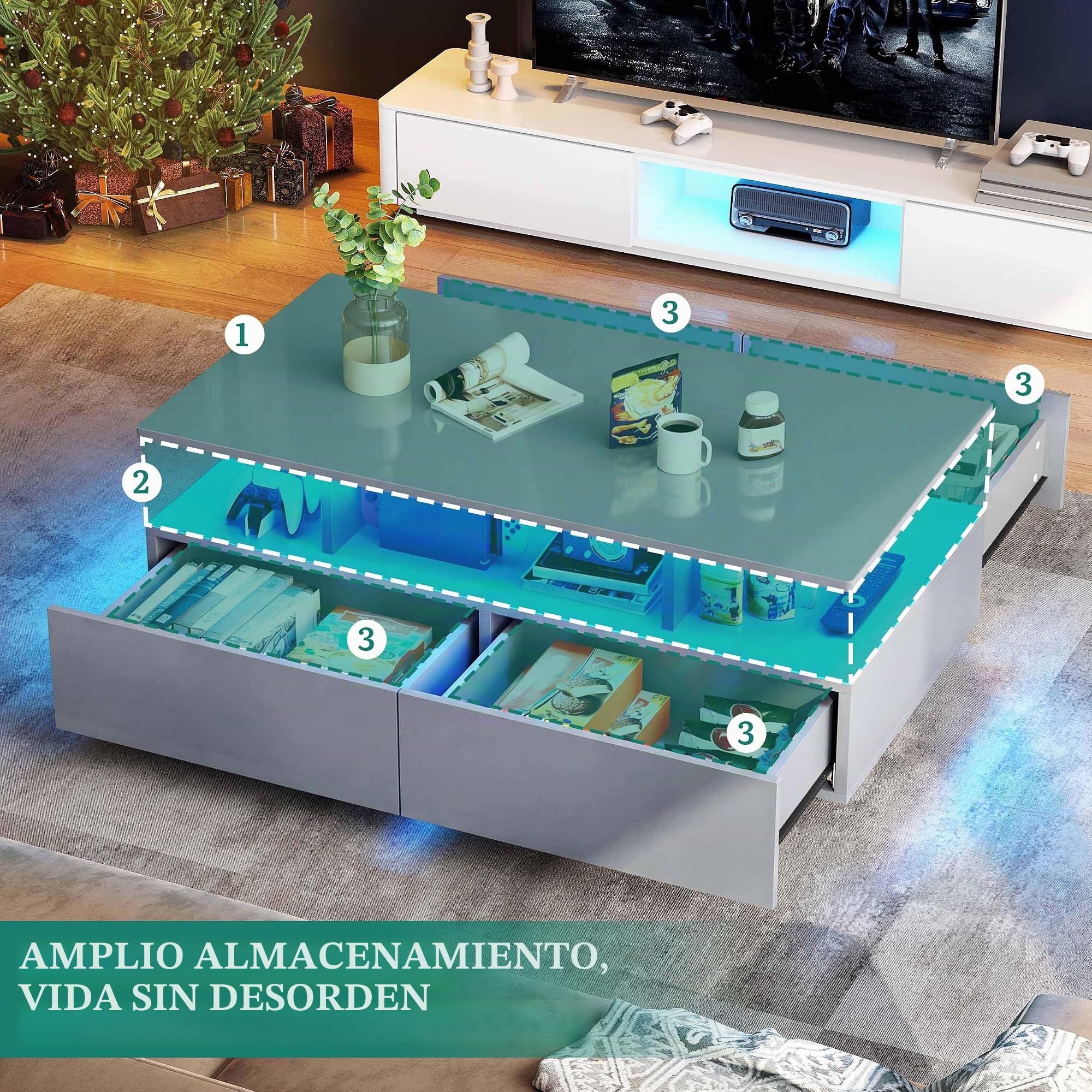 YITAHOME Mesa de Centro Gris, Mesa de Sala de Estar de Alto Brillo con iluminación LED de 16 Colores, Moderna, Mesa Auxiliar con Estante de exhibición Abierto y 4 cajones extraíbles 90x55x41,1 cm