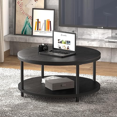 Miniatura 3 de NSdirect 36 inches Round Coffee Table Rustic Wooden Surface Top  Sturdy Metal Legs Industrial Sofa Table for Living Room Modern Design Home