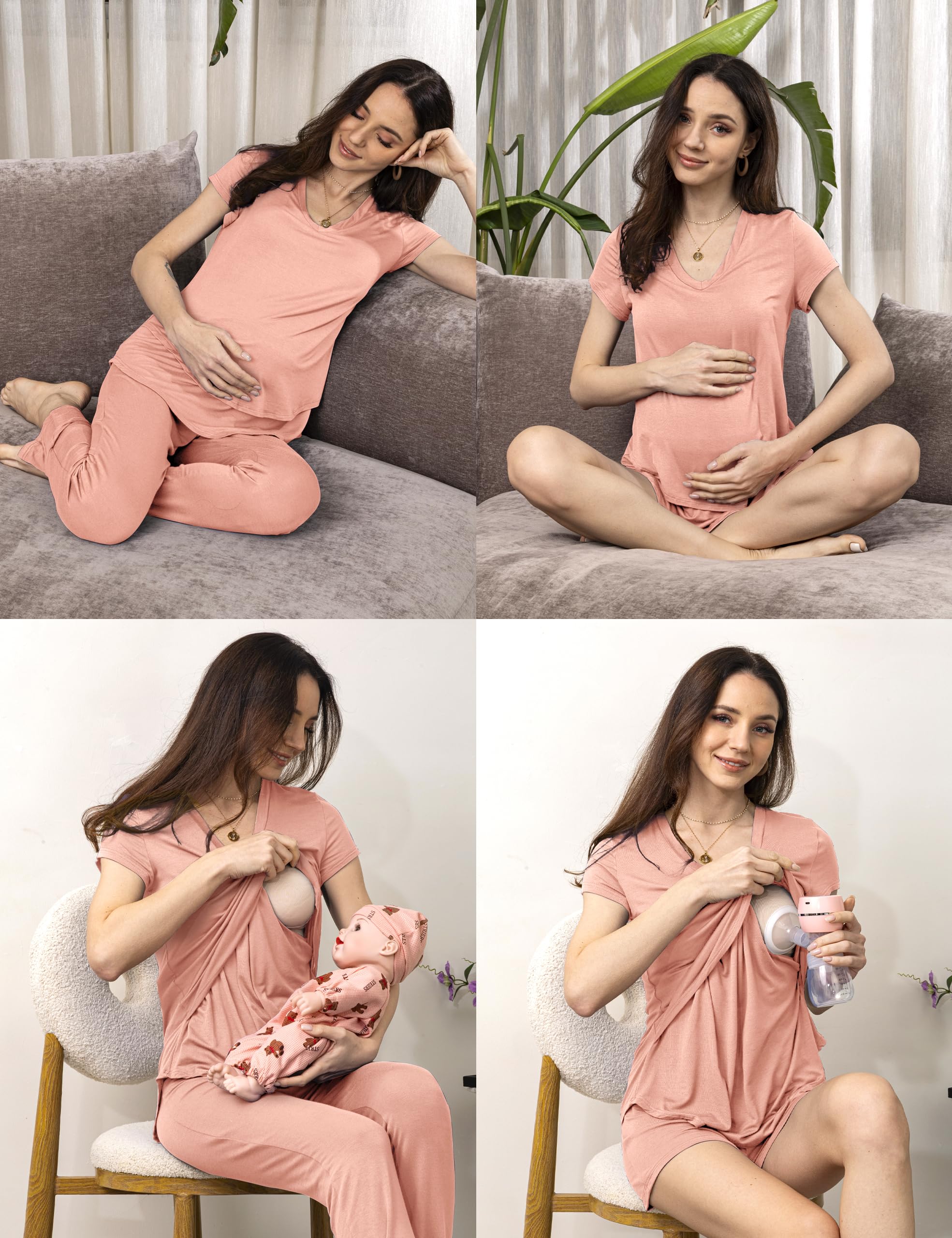 SUNNYBUY 3-teiliges Still-Pyjama-Set, versteckte Still-Tops, verstellbare Schwangerschafts-Shorts und Hosen, postpartale PJS