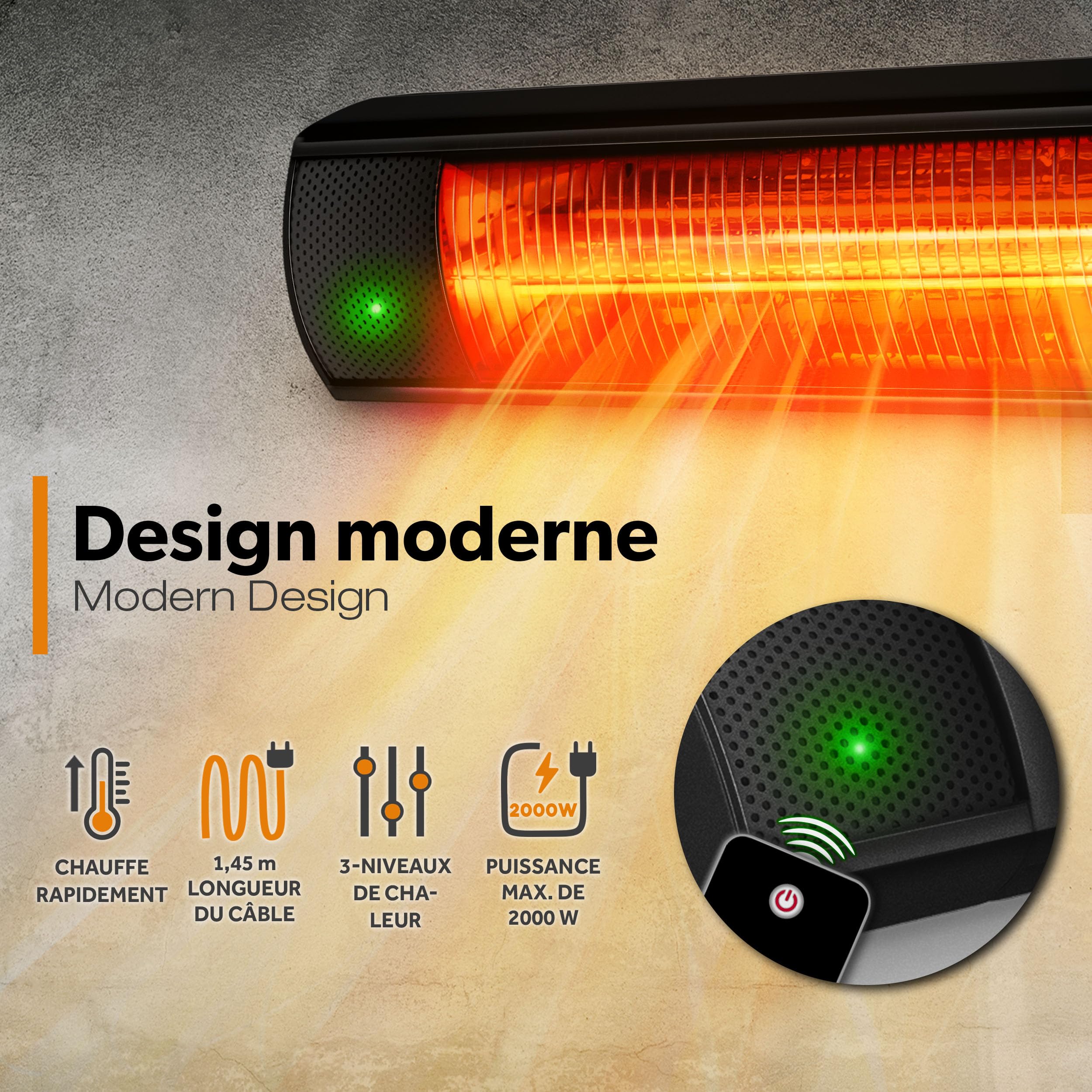TRESKO Radiateur infrarouge extérieur 2000W | Chauffage radiant terrasse | murale | inclination | télecommande | 3 niveaux | intérieur et extérieur (Noir)