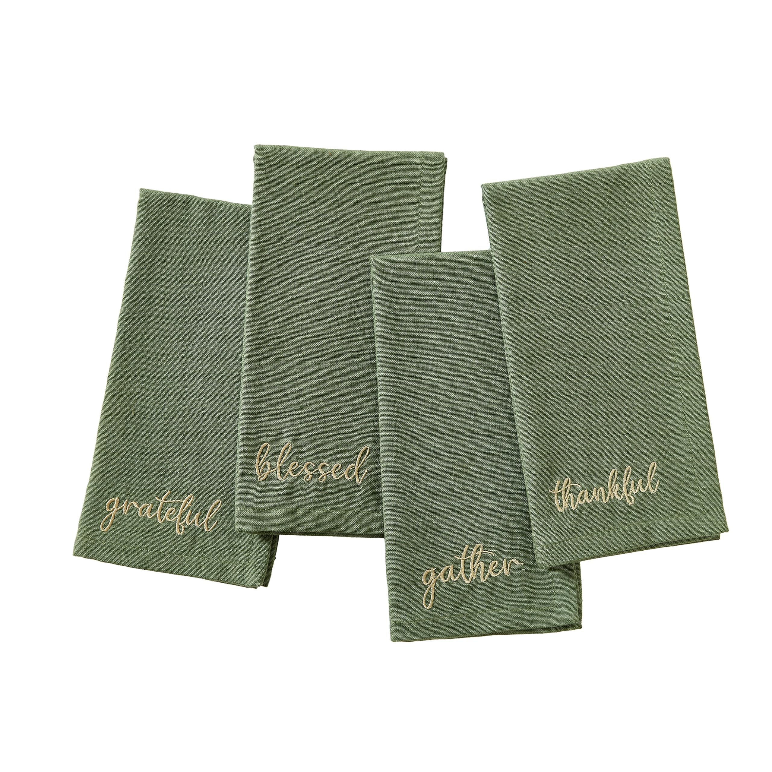 Elrene Home Fashions Harvest Fall Sentiment Embroidered Napkins, Set of 4, 17"x17", Green