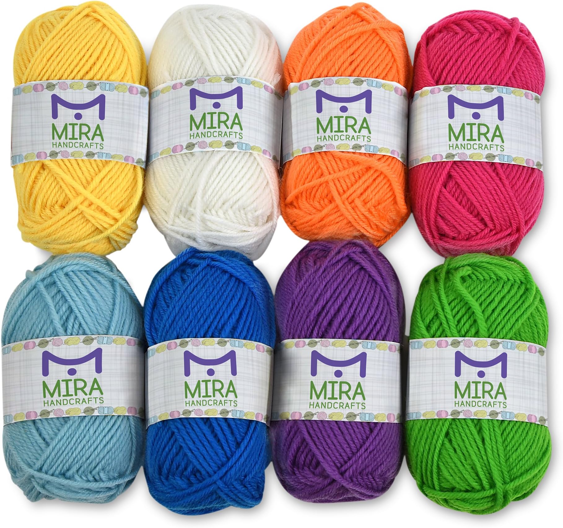 Mira Handcrafts 8 Acrylic Yarn Bonbons | Total of 525 yards Craft Yarn | Includes 2 Crochet Hooks, 2 Weaving Needles, 7 E-books | DK Yarn for Knitting and Crochet | Perfect Beginner Kit