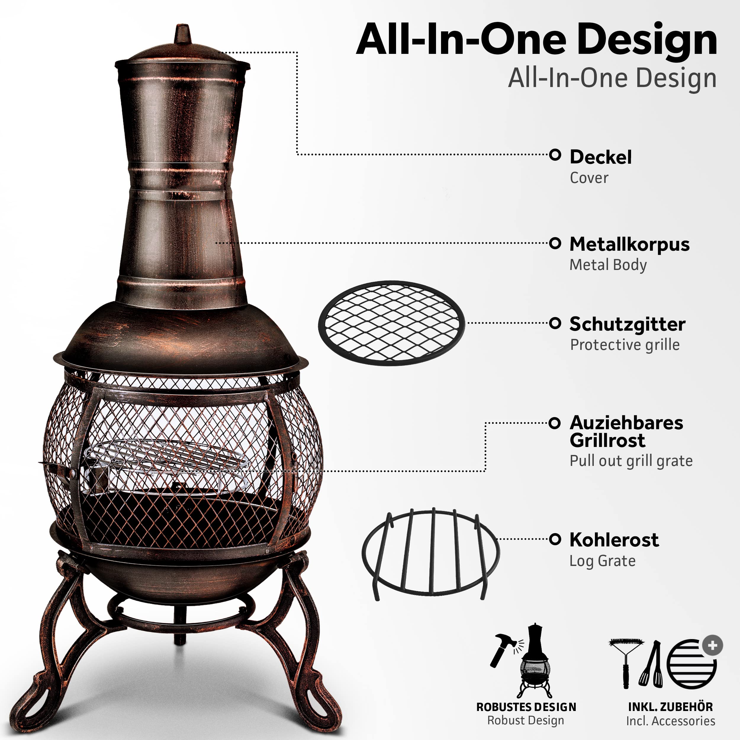 tillvex Terrassenofen mit Funkenschutz und XXL Zubehör | Gartenkamin mit Grillfunktion | Feuerstelle Antik Gartenofen mit Abdeckung BBQ Grillrost Schürhaken Grillzange Bürste (Bronze, 90)