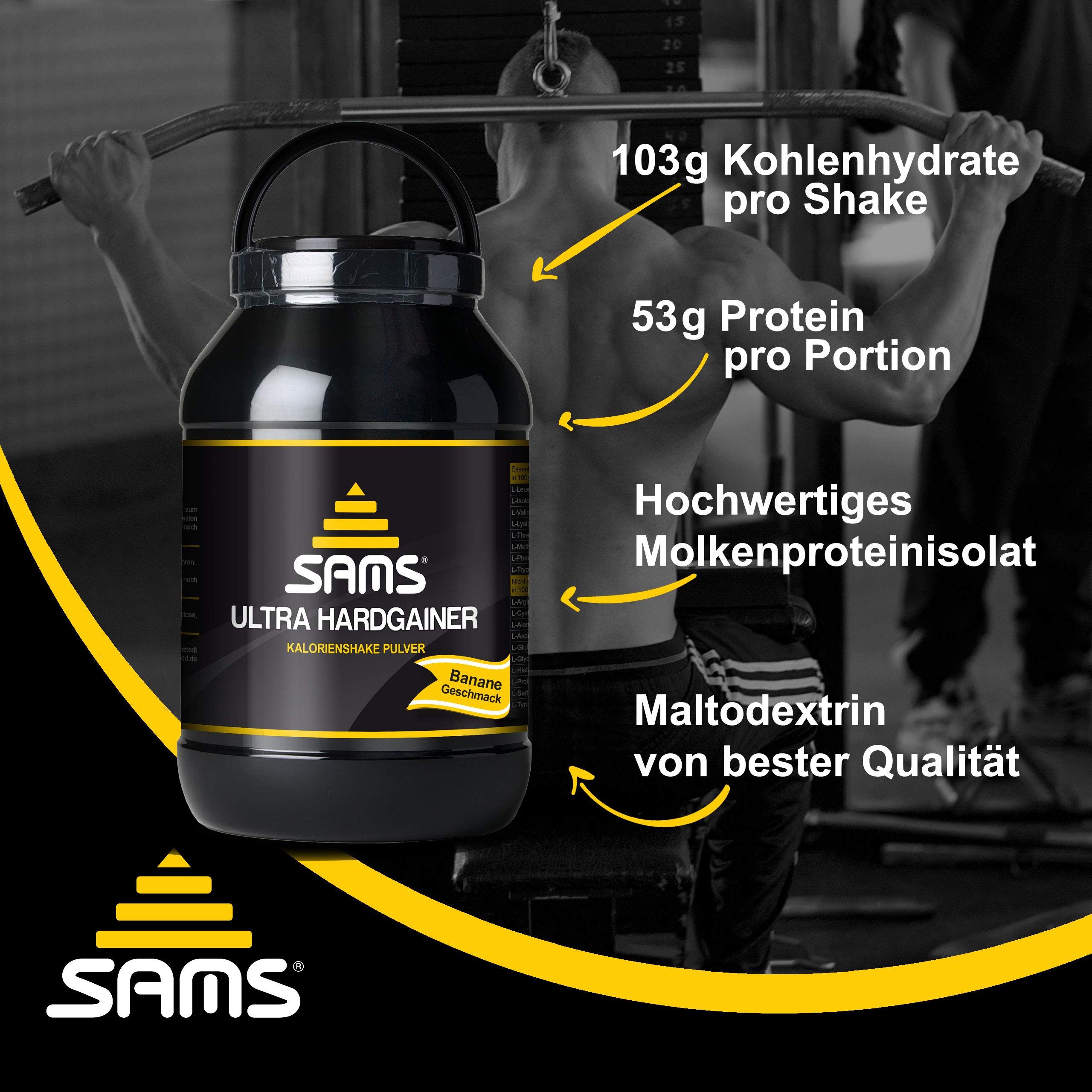 5000 Kalorien pro Tag – Mass Weight Gainer mit Whey Protein Isolat Pulver – Aufbaunahrung für maximale schnelle Gewichtszunahme – Muskelaufbau & Masseaufbau SAMS Ultra Hardgainer (Banane 2250g)