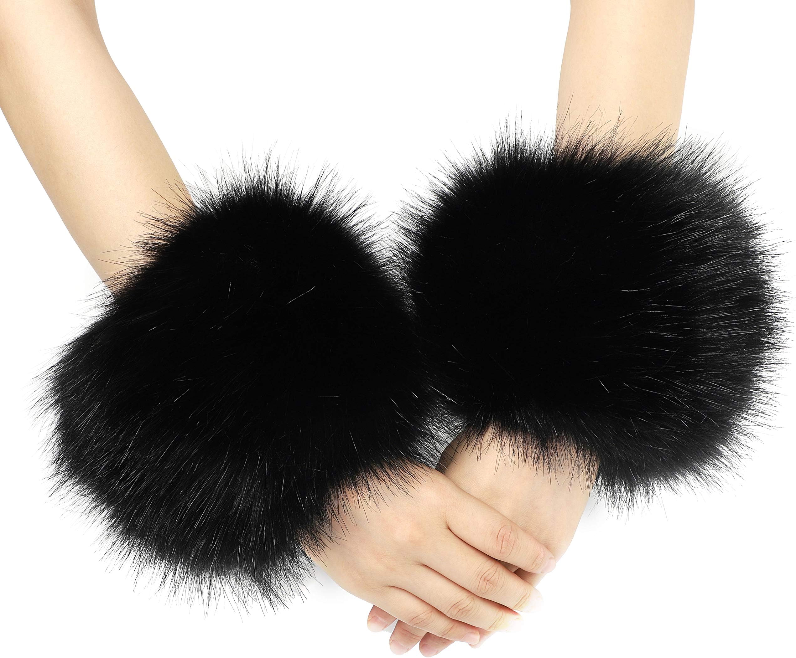 Women's Leopard Print Faux Fur Wrist Cuffs,Winter Fox Furry Bands Arm Warmer