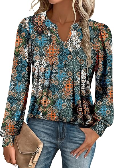 onlypuff Womens Long Sleeve T-Shirt V Neck Tunic Tops Pleated Blouse Shirts S-3XL
