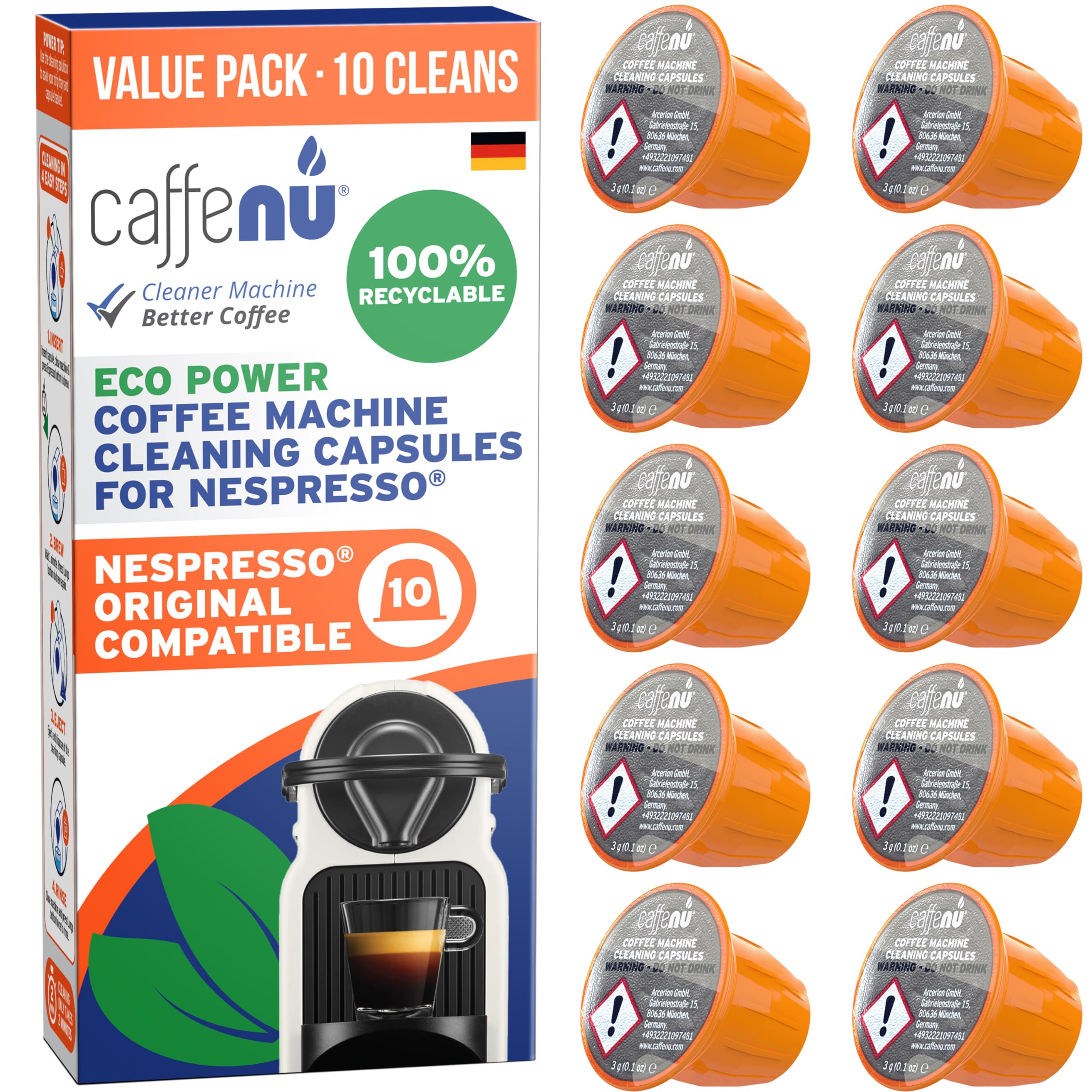 Caffenu Nespresso Original kompatible Reinigungskapseln | Für perfekten Kaffeegenuss | Vorteilspack mit 10 Kapseln