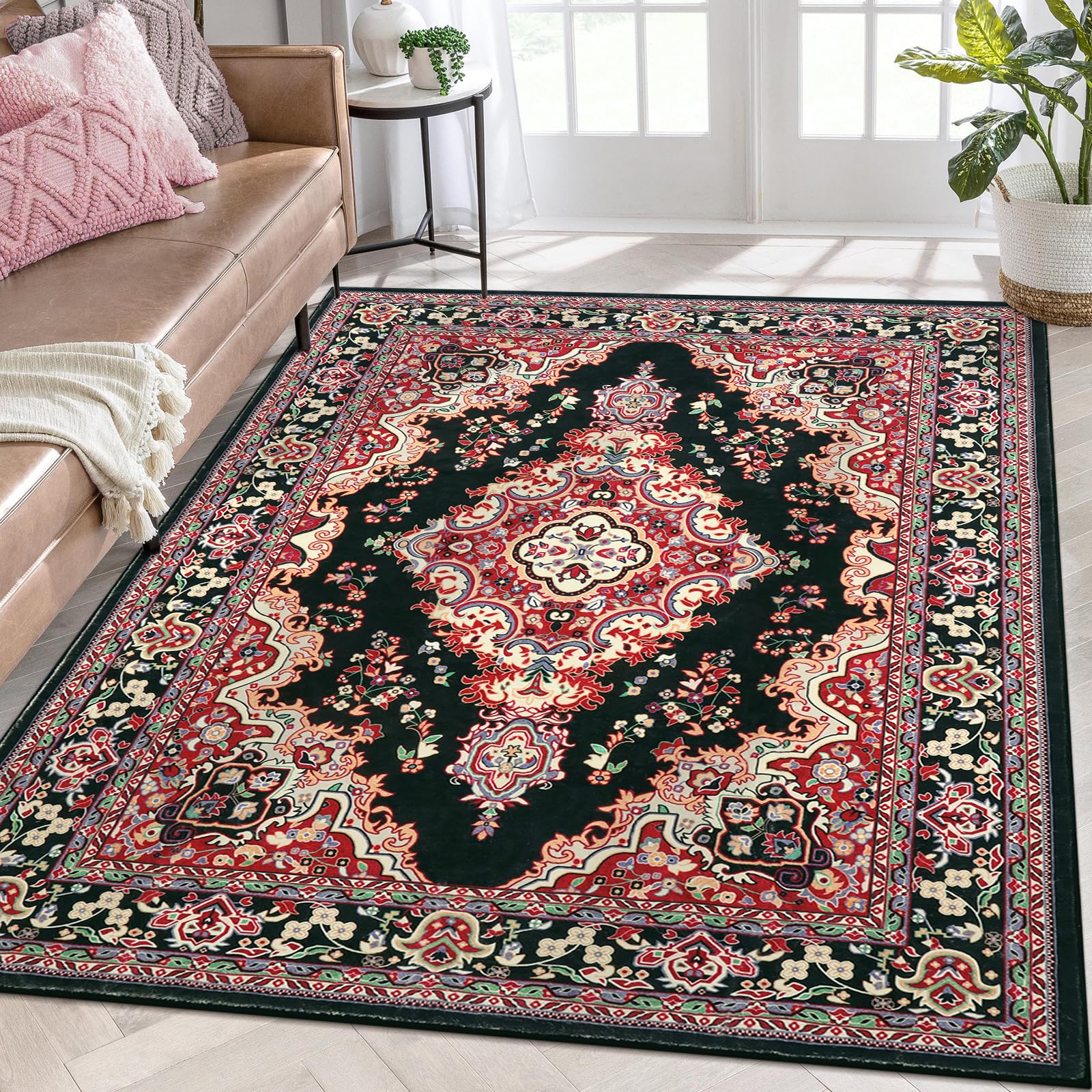 LahomeLuxury Oriental Rugs for Living Room 8x10, Traditional Dining Room Rug Large Rugs for Bedroom Aesthetic, Vintage Border Soft Non Slip Washable Printed Throw Carpet for Home Office, Black/Red