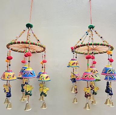Sphinx Rajasthani Handcrafted Multicolour Wall Hanging Ganesh between Bells (Height approx. 53 cms/21.2 inches) - 2 piece