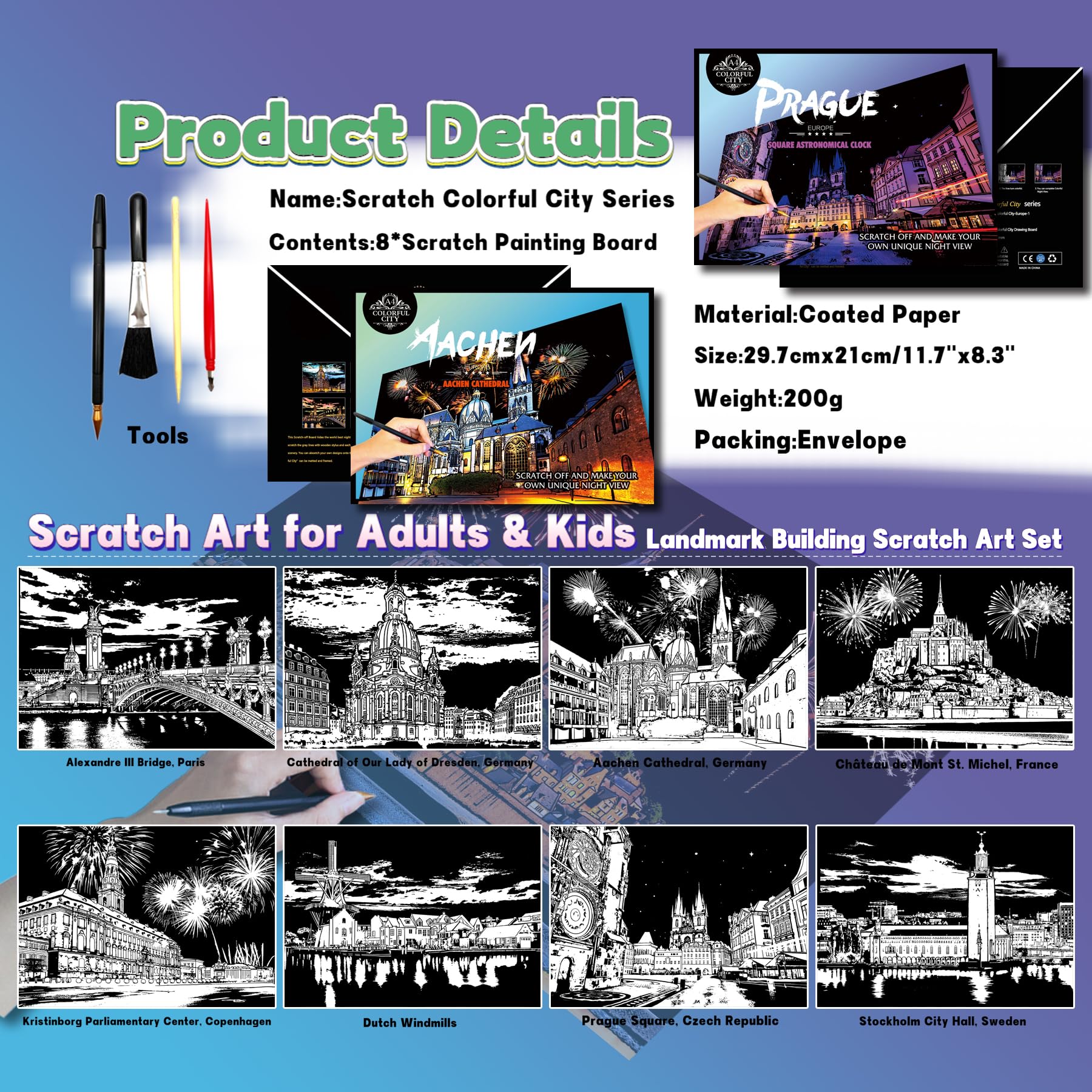 Scratch Art Painting Kit for Adults&Kids-8 Sheets A4 Rainbow Scratch Painting Paper Craft Set including City Landmarks - Image 2