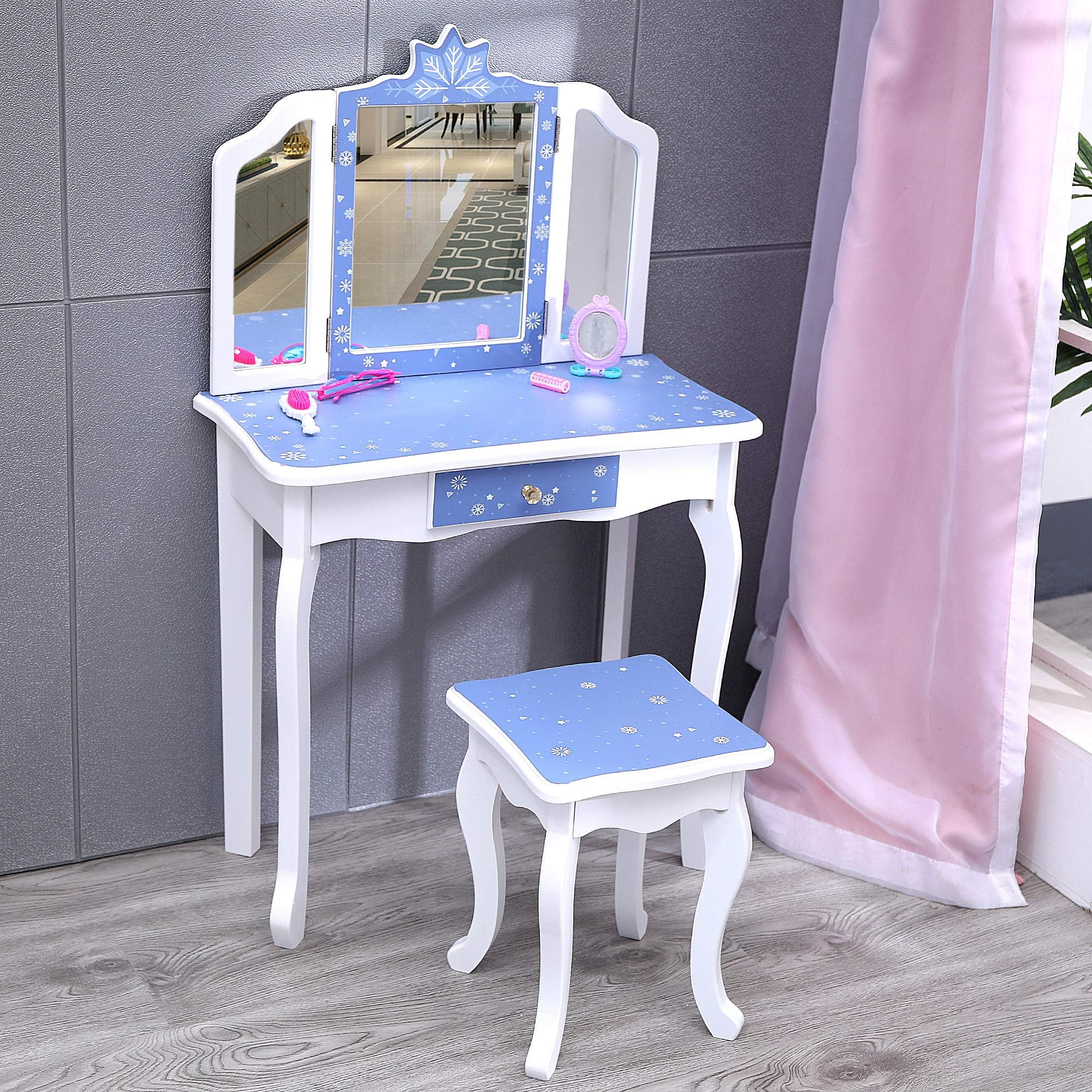 Nromant Kids Girls Vanity, Girls Vanity Set with Mirror and Stool, Kids Vanity Set with Mirror, Makeup Dressing Play Table Set with Two 180° Folding Mirror for Girls