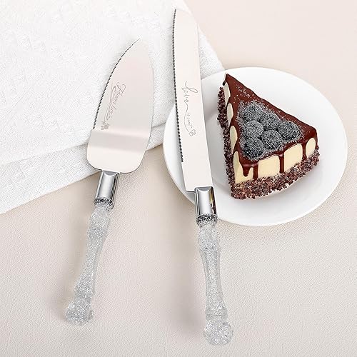 Miniatura 5 de Juego de corte de pasteles para boda, cuchillo y servidor de tartas de boda, juego de cortador de pastel plateado para compromiso o fiesta de