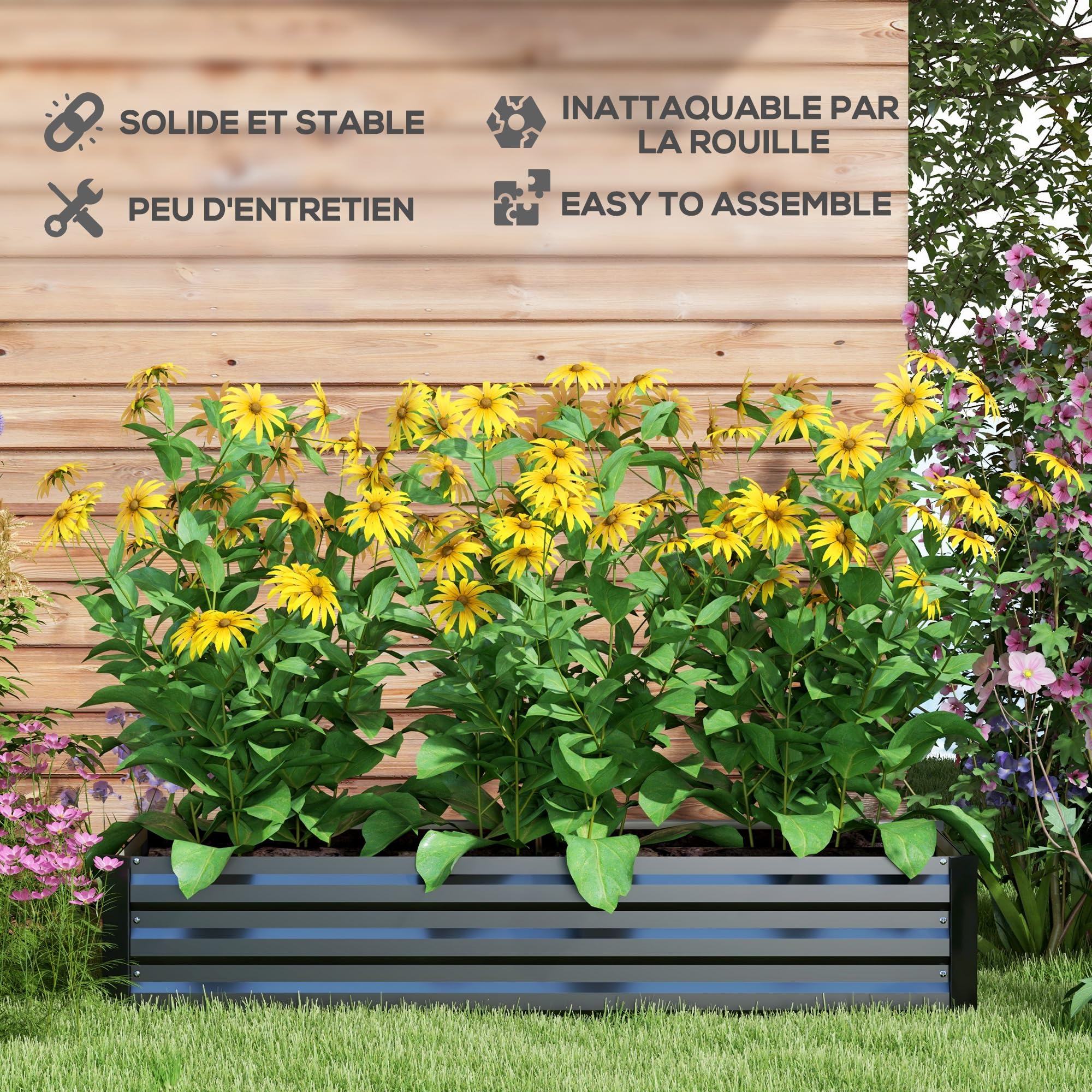 Outsunny Jardinière rectangulaire Potager de Jardin bac à Fleurs en Acier avec Bordure de sécurité et Fond Ouvert dim. 150L x 70l x 30H cm Noir