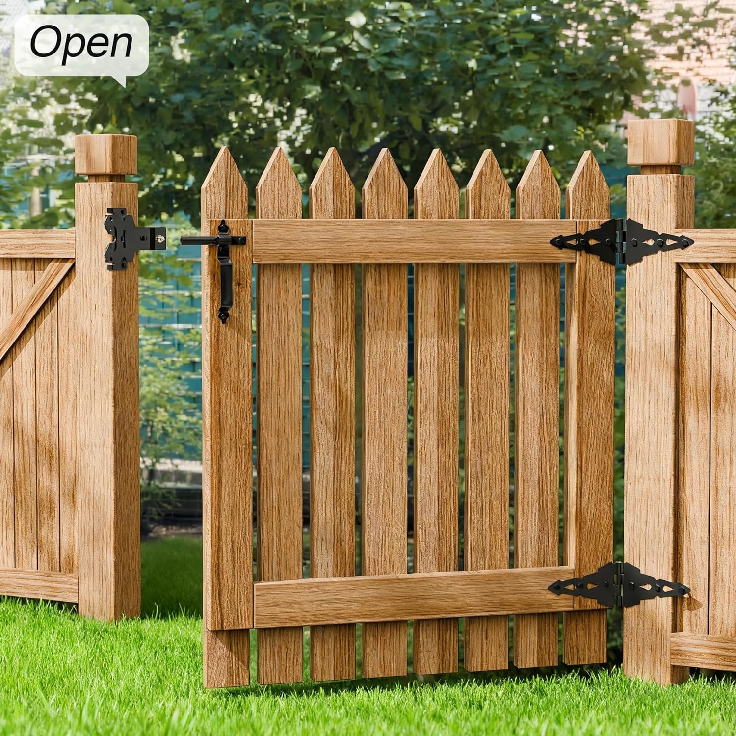 Wood Fence gate Hardware Heavy Duty 8 Inch Hinges and Latches with Handles for Outdoor Wooden Fence Doors, Black Painted Finish