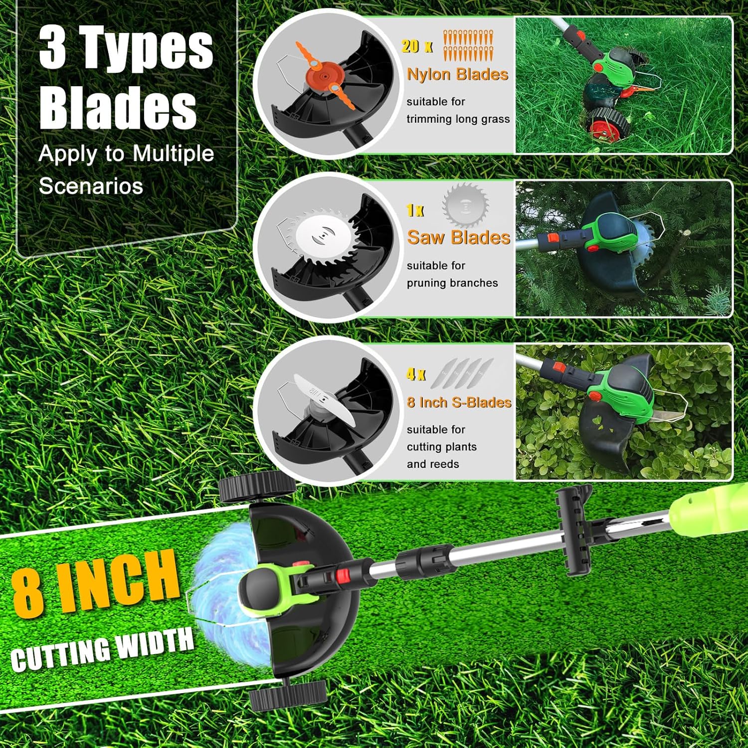 Cordless Electric Weed Wacker Battery Powered, 21v Lightweight Weed Trimmer Eater With 2 4.0Ah Battery Operated & Charger & Wheels & Shears, 3 In1 Grass Trimmer/Brush Cutter/Lawn Edger for Yard Garden - Image 4