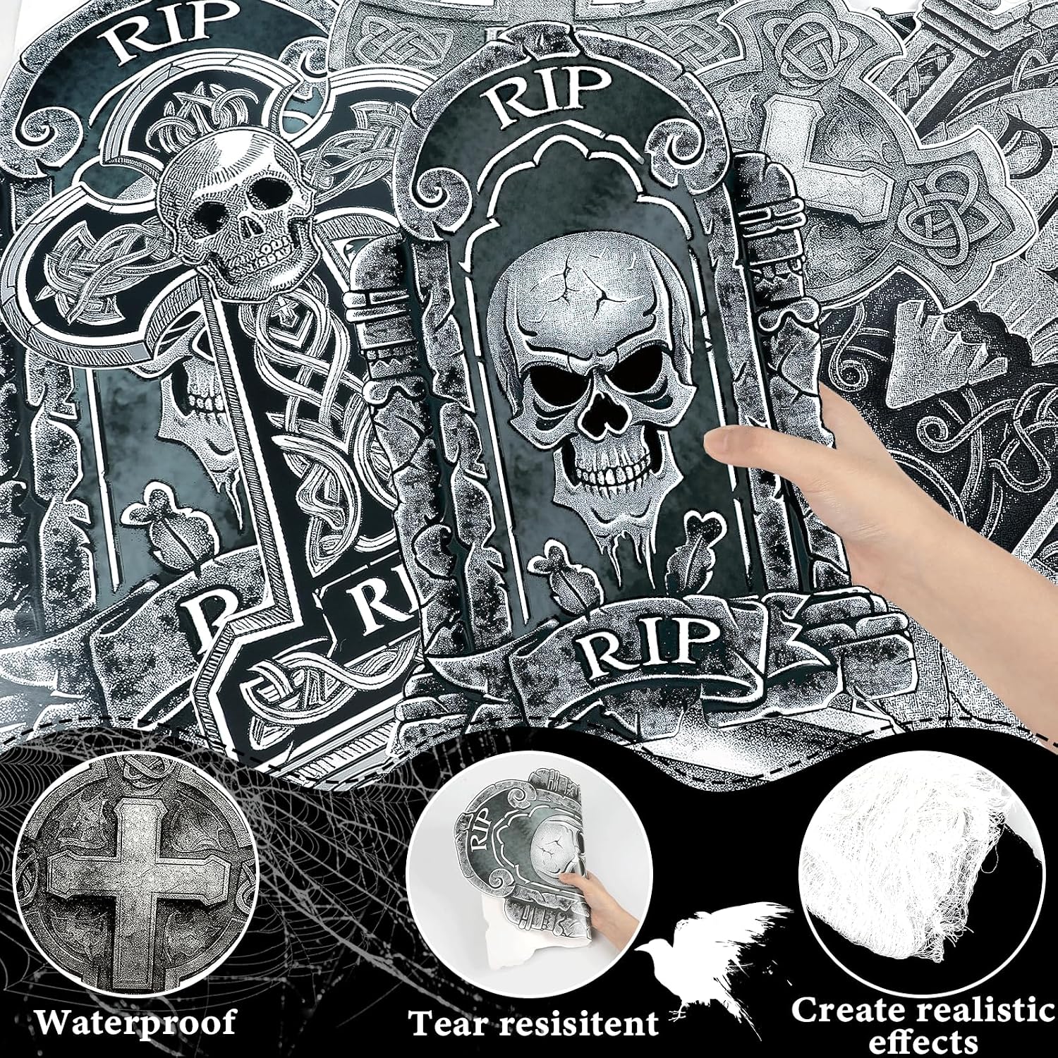 Naozinebi Halloween Trunk or Treat Car Decorations Cemetery Trunk or Treat Car Outdoor Decoration Graveyard RIP Tombstone Car with Creepy Cloth for Car Archway Garage Door Haunted House Party Decor