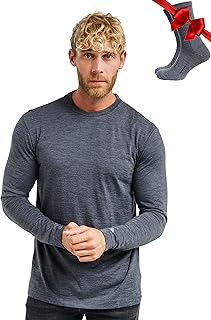 Merino.tech 100% Organic Merino Wool Lightweight Men's Base Layer Long Sleeve Thermal T-Shirt + Wool Hiking Socks (Medium, 165 Charcoal Heathered)