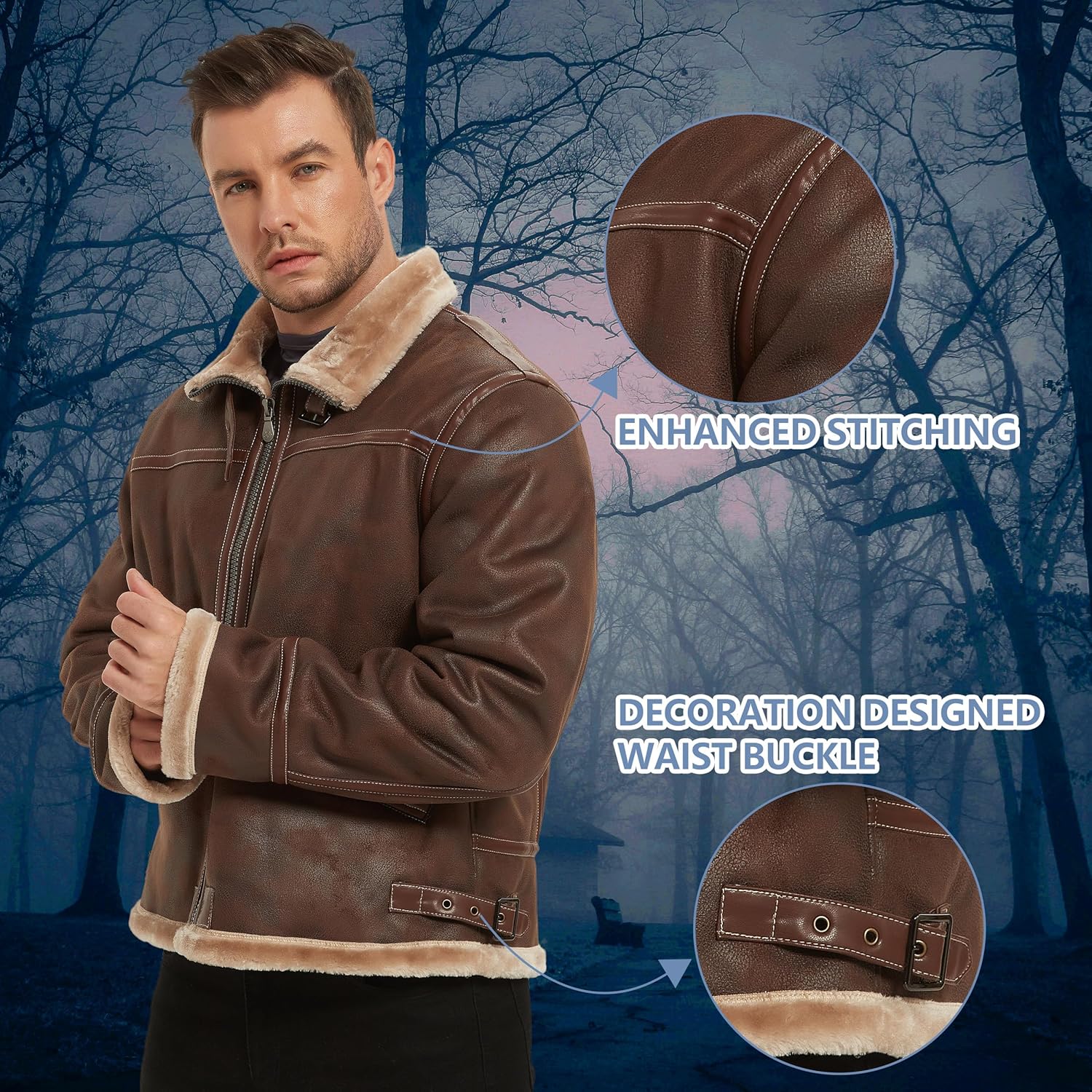 Mens Leather Jacket Motorcycle Bomber Shearling Fur Cosplay Winter Coat Gift XS-3XL