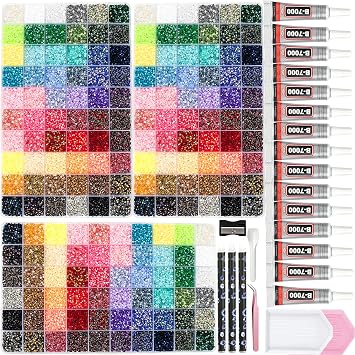 3 Boxes 60 Color 210000+Pcs Rhinestones for Bedazzling Kit 3mm | Flat Back Resin Jelly Bedazzled Kits with 15Pcs 10ml B7000 Jewelry Glue for Book Diamond Nail Art, Multicolor
