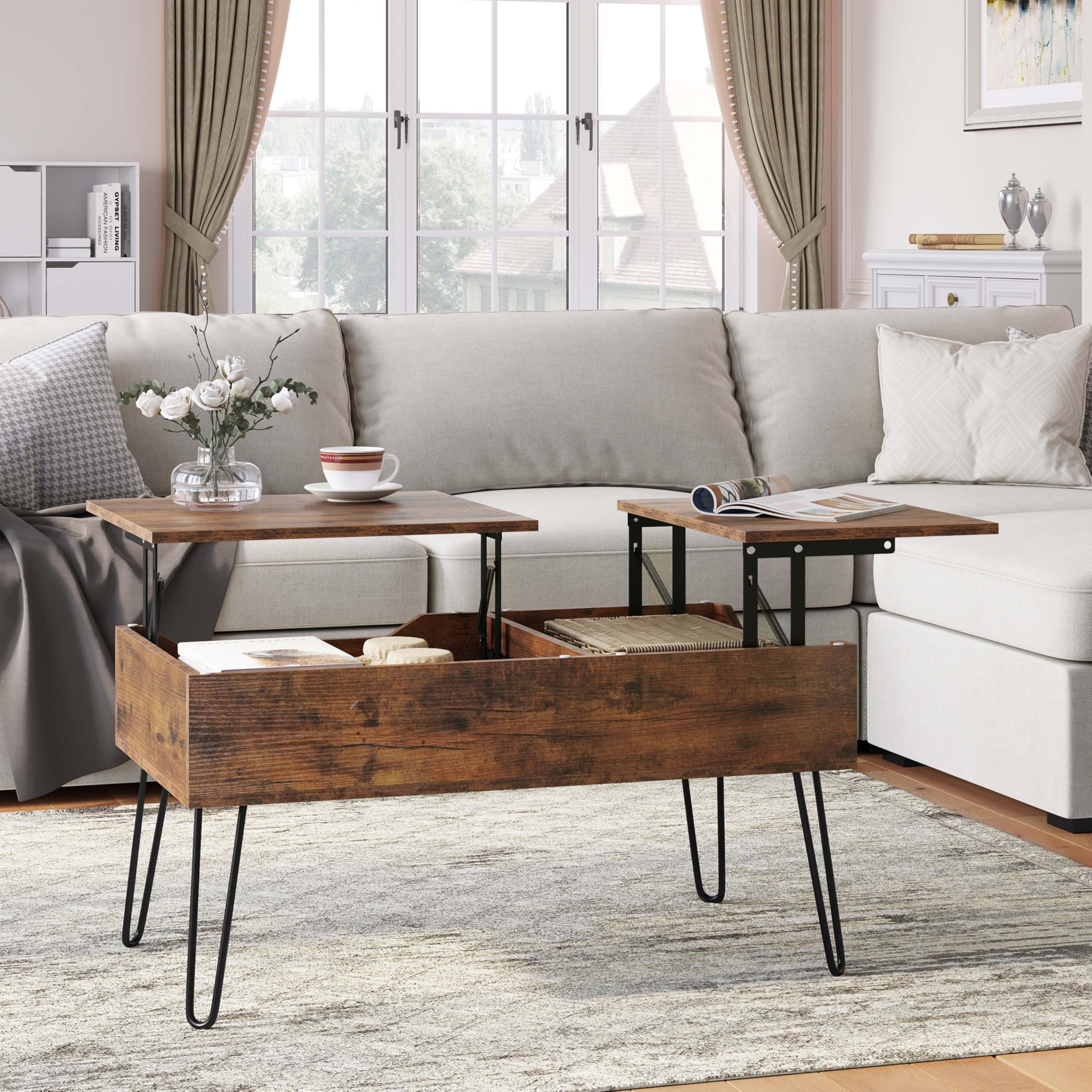 WOLTU Mesa de Centro Elevable y Extensible, Mesita Salón con Espacio Interno, Sofá Auxiliar con Patas Metálicas, Marrón Vintage, BTS14shm