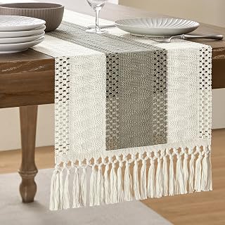 ZeeMart Macrame Style Bicolor Stitching Table Runner, 14 x 90 Inch Dark Sage/Ivory, Boho Grey Sage Table Runners 90 Inches Long, Farmhouse Woven Home Decor