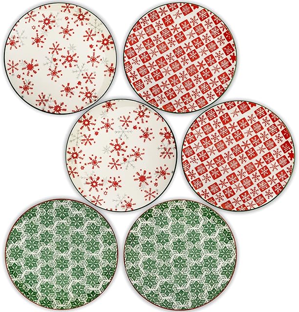 Homeela Set of 6 Porcelain Plates - 21 cm Dinnerware Plate Set - Lightweight Breakfast Plates, Appetizer, Salad, Desert, Fruit, Cake Plates, Christmas Pattern Plate- Star