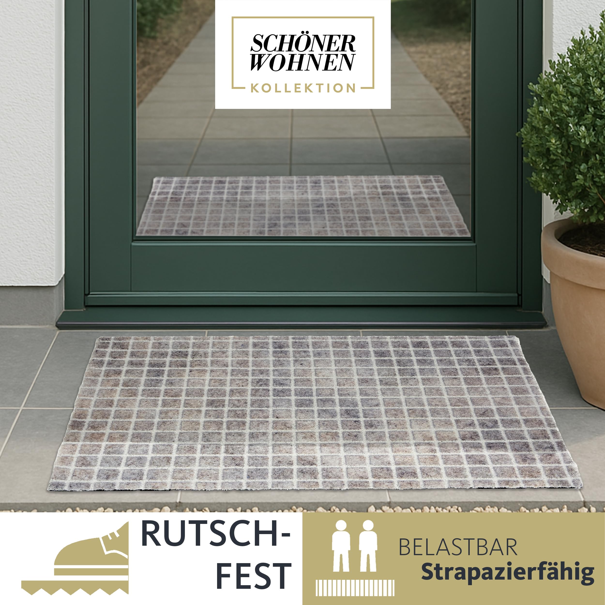 Schöner Wohnen Kollektion Wycieraczka na zewnątrz i do wewnątrz – mata zatrzymująca brud 67 x 100 cm, beżowa karo – antypoślizgowa mata do czyszczenia – wycieraczka do drzwi wejściowych – wycieraczka