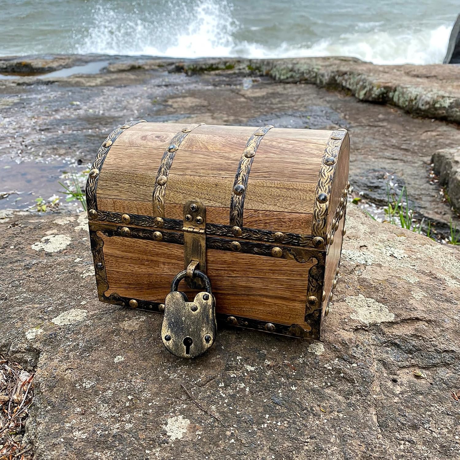Nautical Cove Antique Finish Wood Treasure Chest with Decorative Rivets and Reinforcing Iron Strips with Lock and Skeleton Keys (Light Antique, Small 8x6x6) - Wooden Keepsake Box, Storage Chest