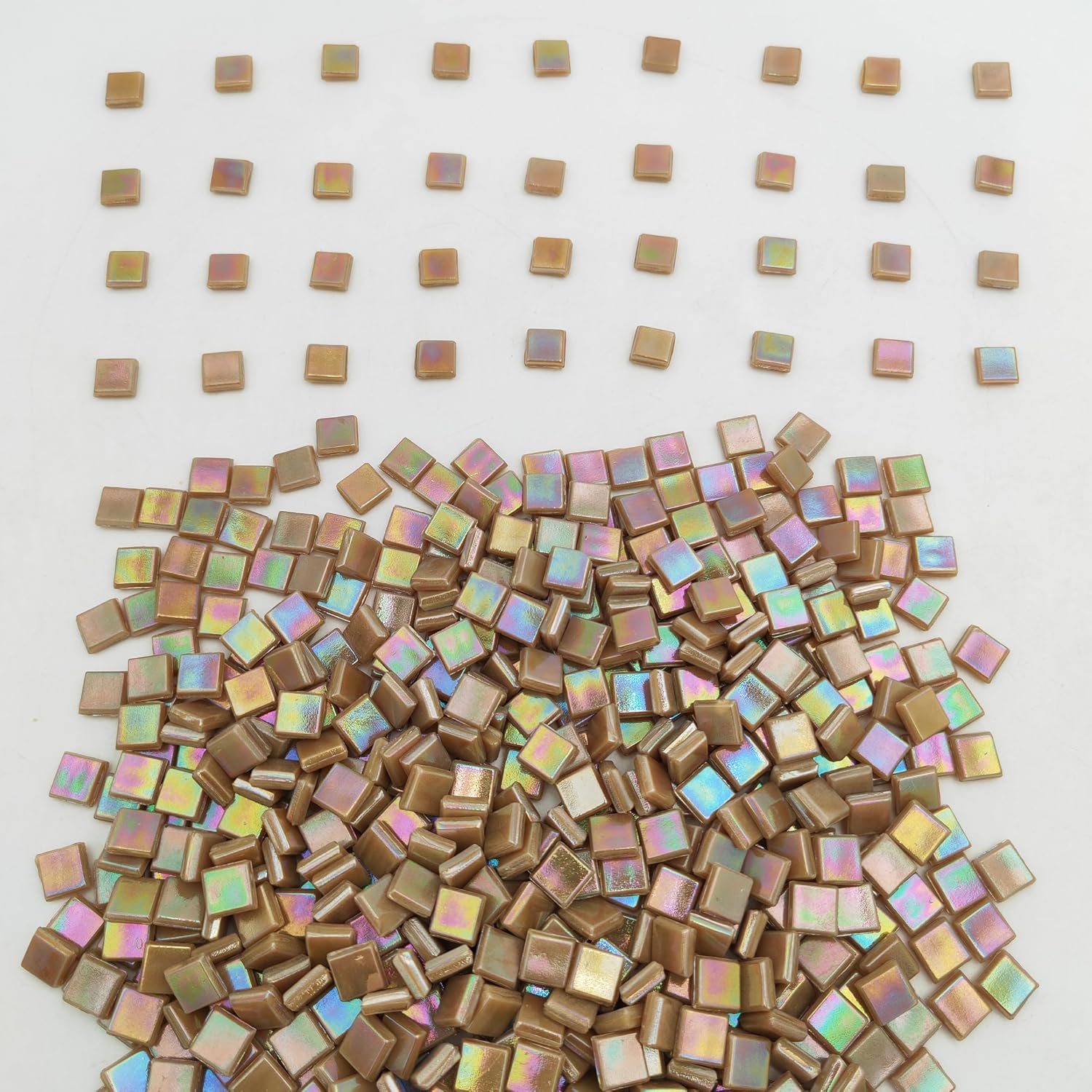 500g/1.1LB Iridescent Ice Jade Glass Mosaic Tiles, 560 Pieces, 2/5 Inch Square Stained Mosaic Tiles for DIY Crafts, Home/Outdoor Mosaic Decoration (Light Brown-IB44)