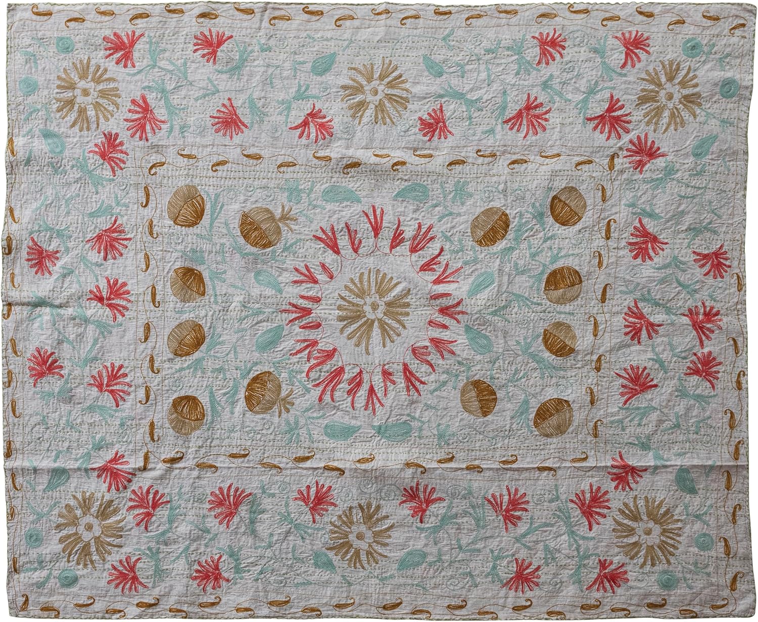 Creative Co-Op Stonewashed Cotton Voile Printed Throw with Suzani Pattern and Hand-Embroidered Kantha Stitch, Multicolor
