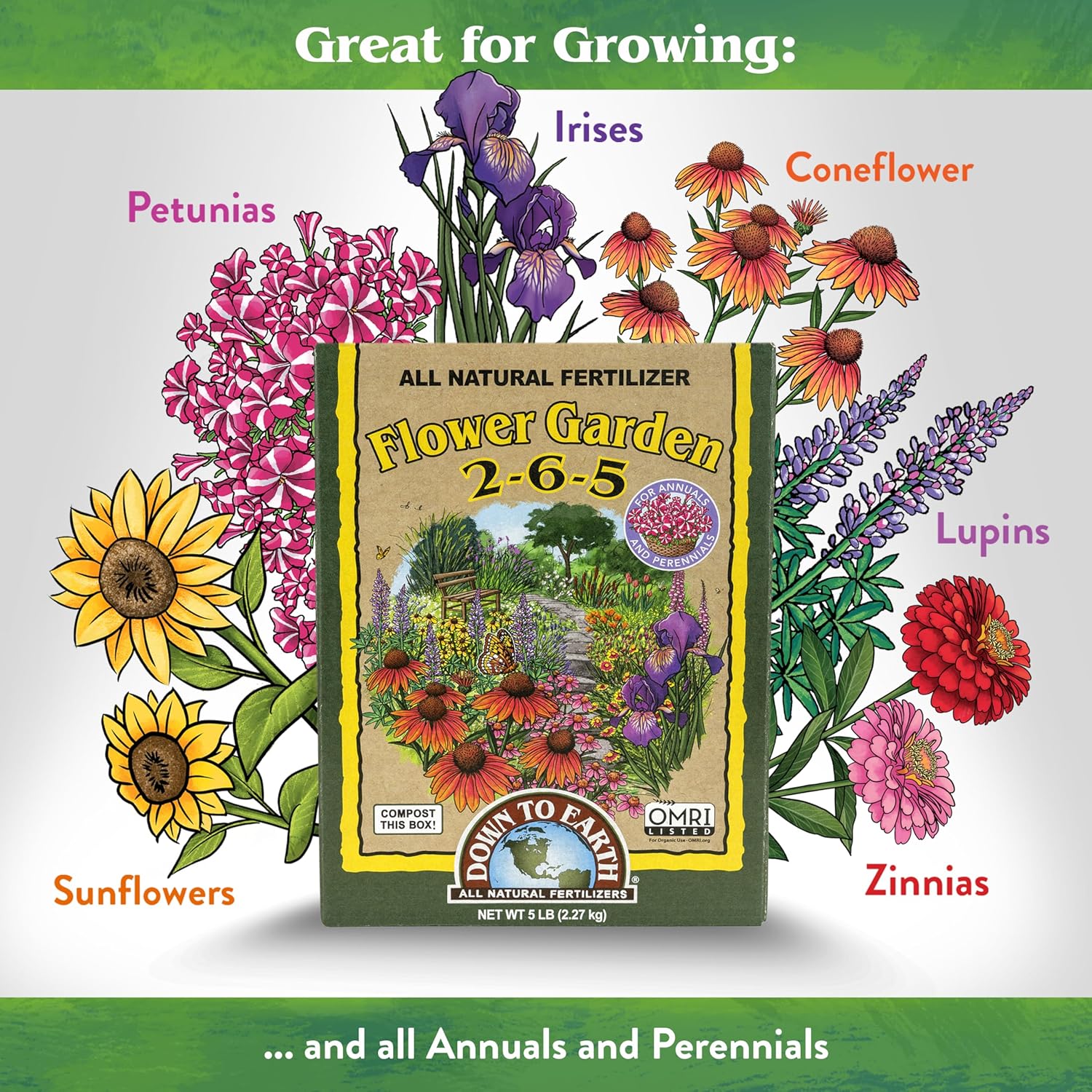 Down To Earth All Natural Fertilizers Organic Flower Garden - Plant Food for Blooming Annuals, Perennials and Flowering Shrubs 2-6-5, 5 lb