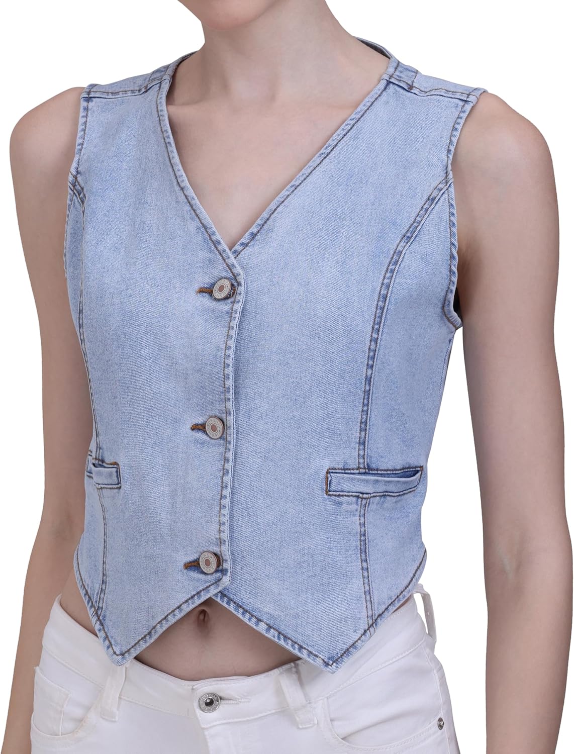 V VOCNI Womens Denim Vest V Neck Sleeveless Button Down Jean Vests Top Waistcoat Vest