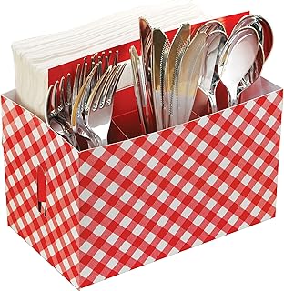 Picnic Party Red Gingham Cardboard Utensil Caddy - 7" x 7.5" x 4.5" (1 Piece) - Perfect for Outdoor Events, BBQs & Pool Parties
