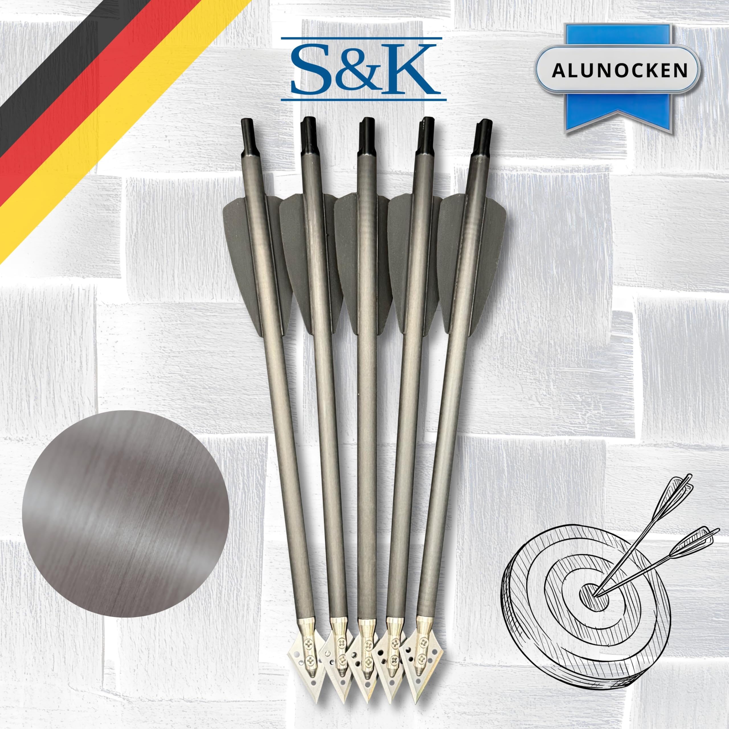 S&K - 5X Carbon Jagdpfeile, Alunocken, 7,5" für Cobra Adder, R9, RX, R10 – Made in Germany – Hochpräzise Armbrustbolzen mit Edelstahl-Jagdklinge & Aluminium-Nocke – 15g
