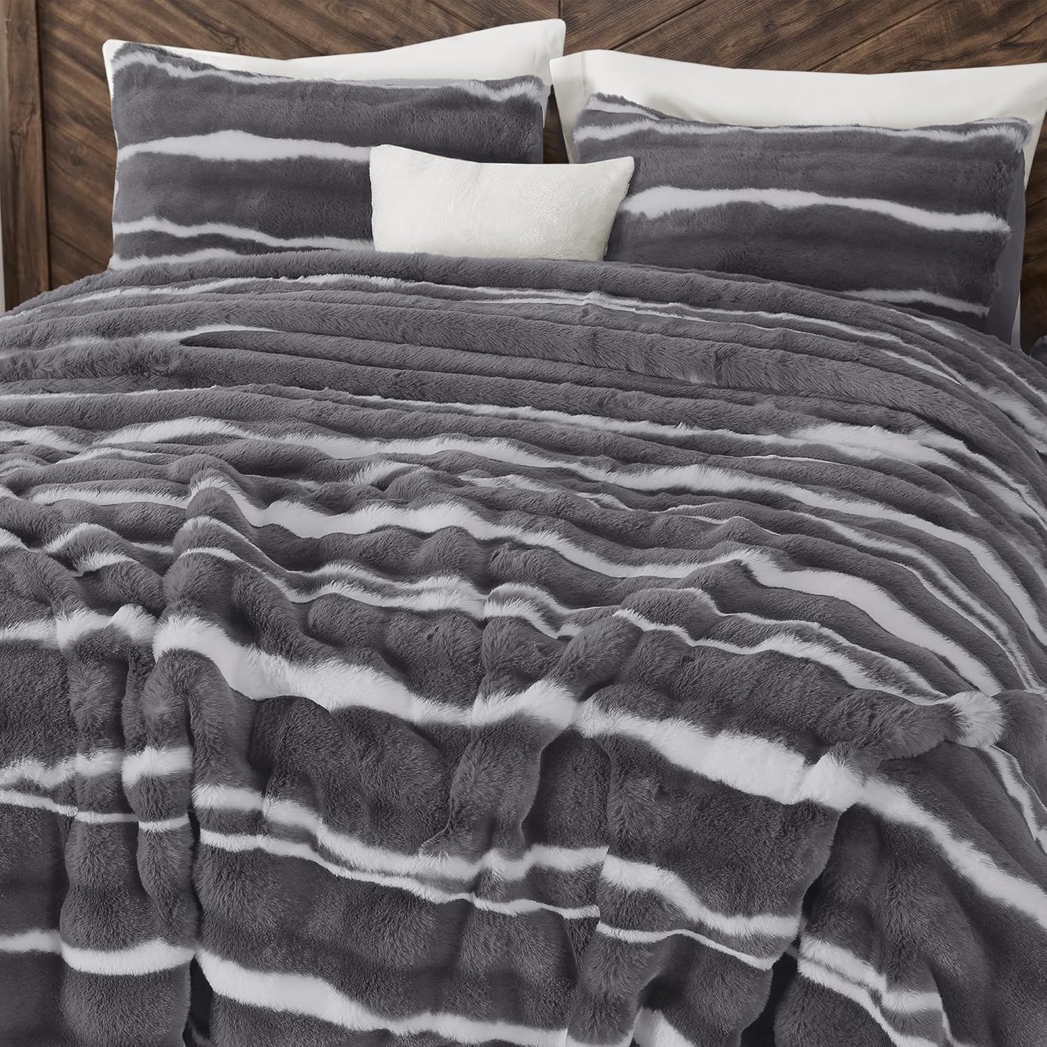 Wonderful 3 Pieces Fluffy Faux Rabbit Fur Comforter Set King Size, Dark Gray Plush Fuzzy Bedding Set, Animal Stripes Design Warm Soft Comforter Bedding Set for All Season,104"x94" - Image 4