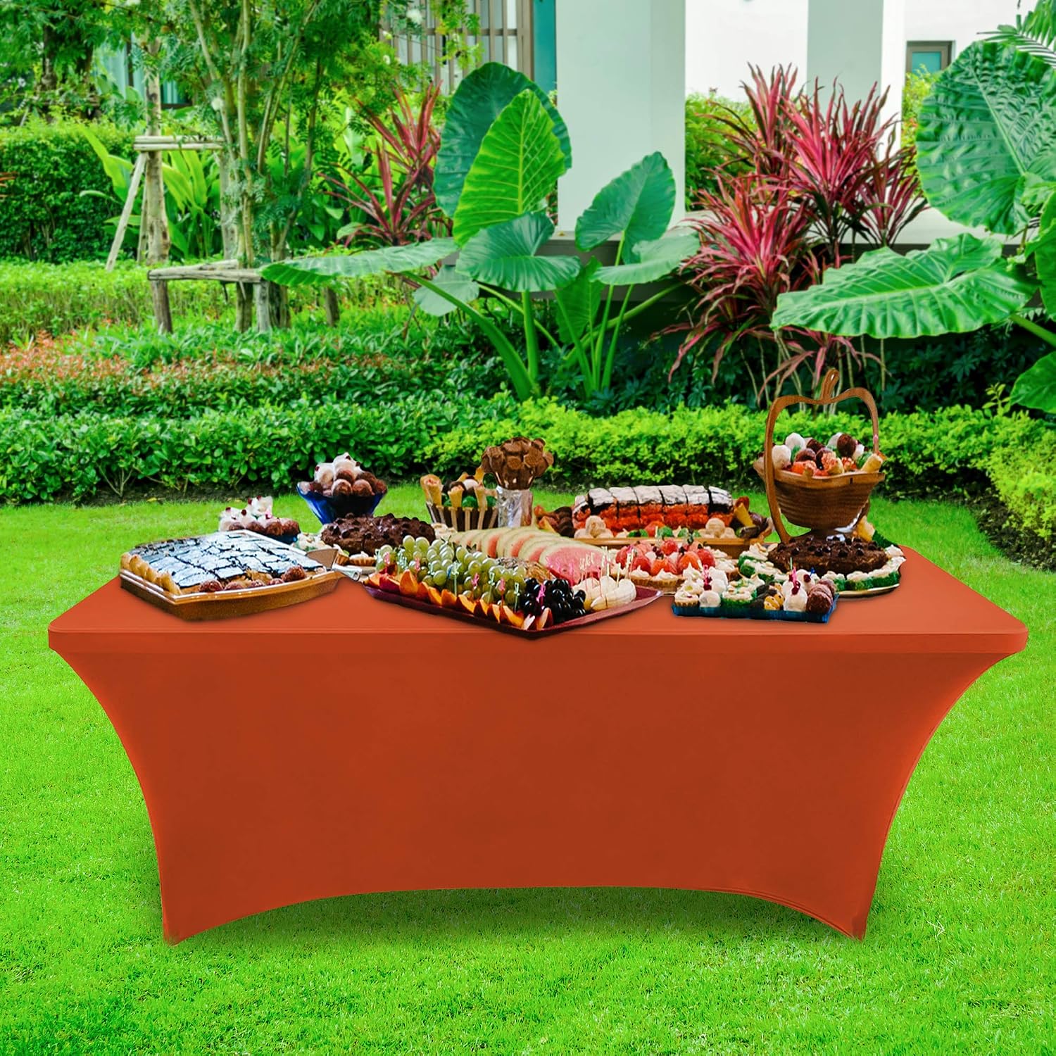 Set of 2 – Spandex Table Cover – Rectangular 6 Feet – Stretchable and Wrinkle Free – Elegant Look – Multi-Occasional Table Cloth – Kitchen Table, Dessert Table, Buffet Table (Orange)