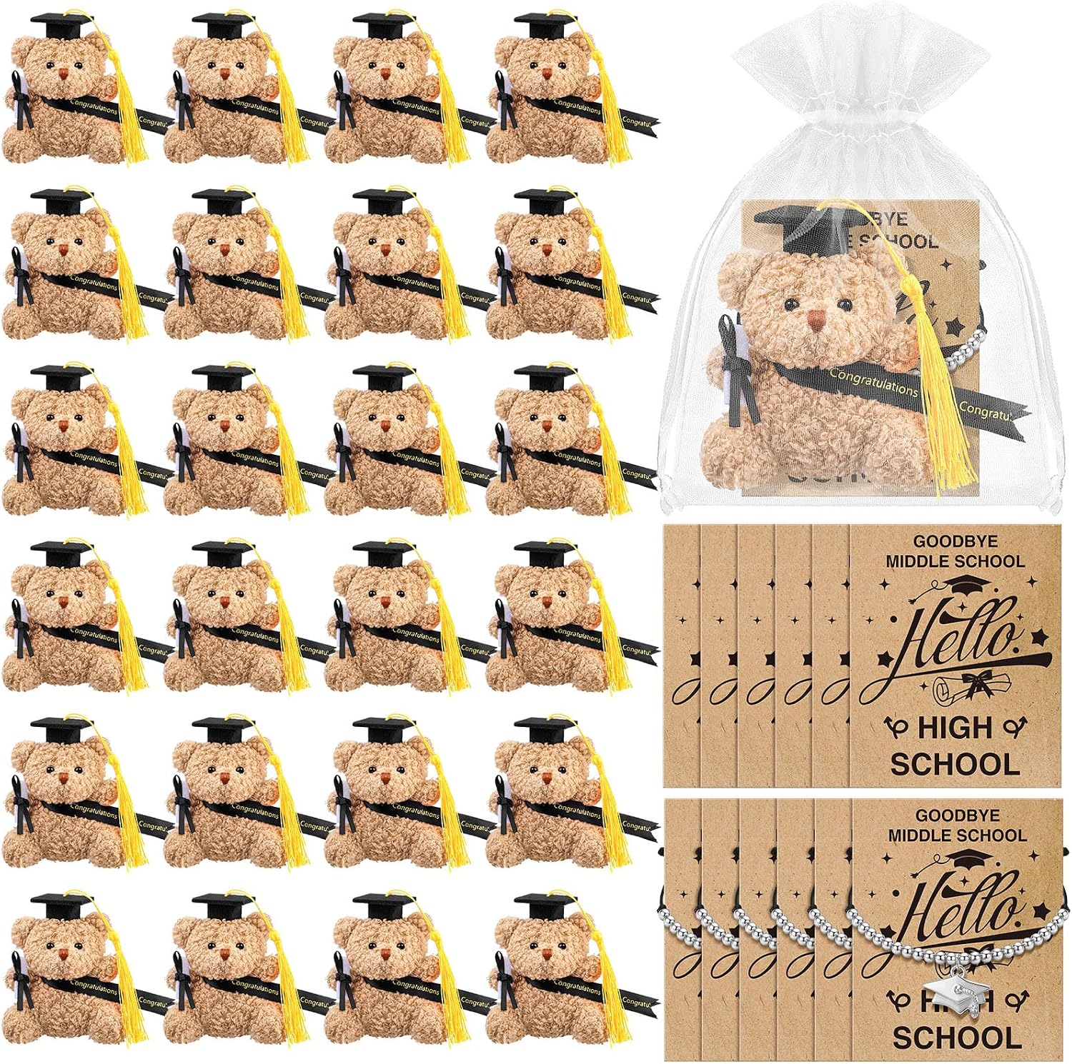 25 Sets Mini Middle School Graduation Bear 8th Grade Graduation Gifts Bulk Include Mini Stuffed Bear Bracelet Organza Bag Hello High School Card for 8th Students Class of 2026 Party Favors(Blue)