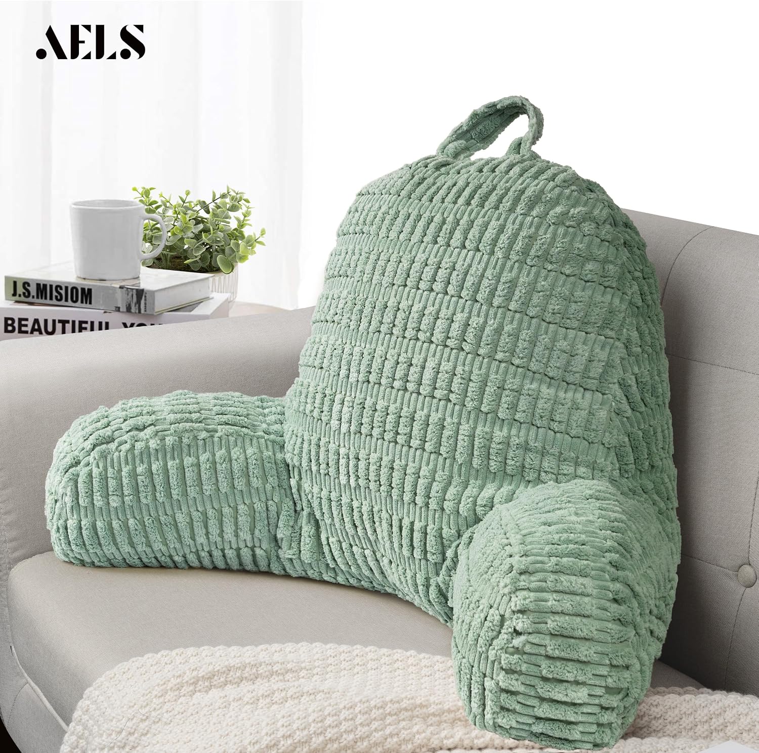 AELS Large Reading Pillow Replacement Cover with Arms and Pockets (Cover ONLY), 18" Soft Corduroy Striped Backrest Pillow Cover Fits Standard Size Reading Pillows, Sage Green