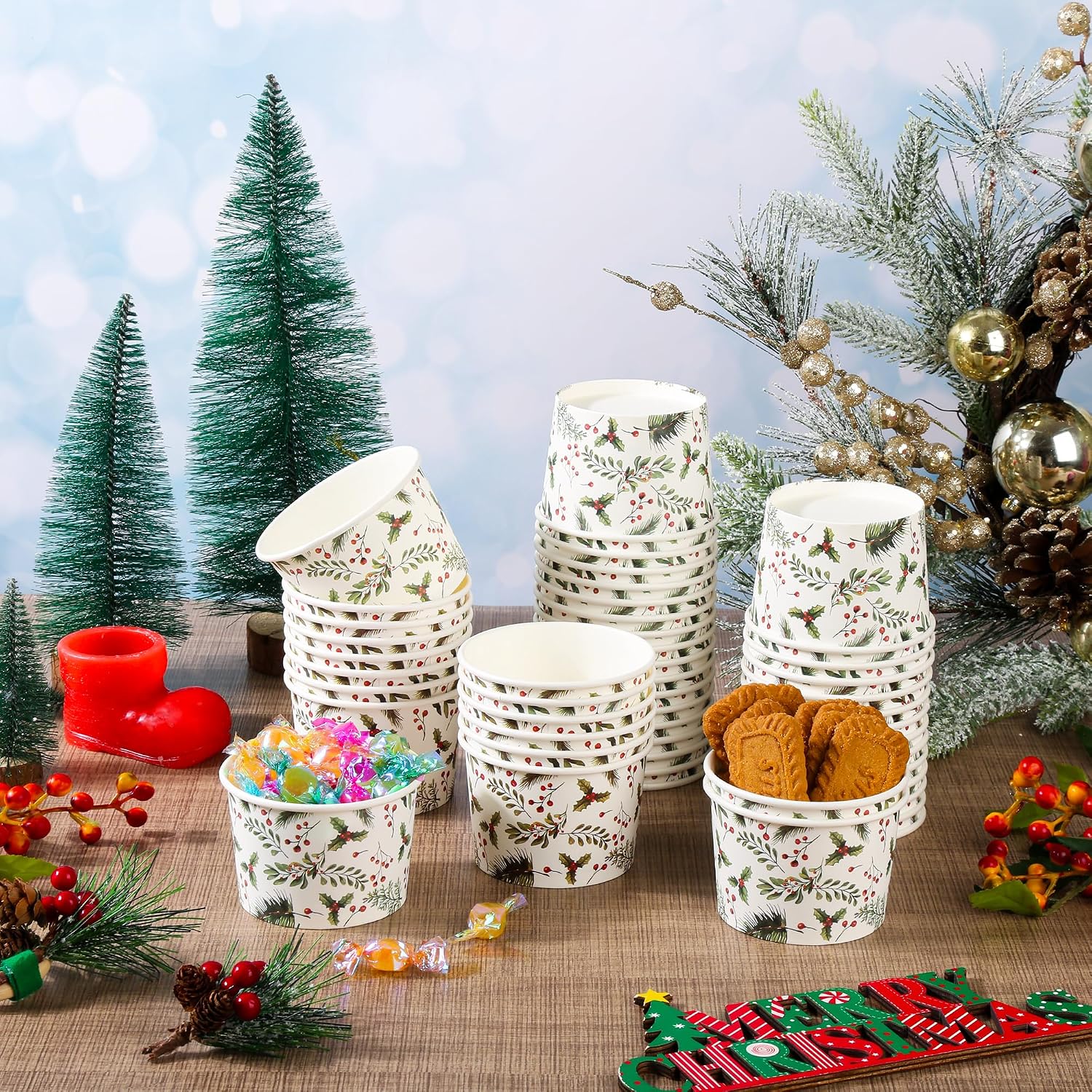 50 Pcs Holly Treat Snack Cups Christmas Paper Ice Cream Cup