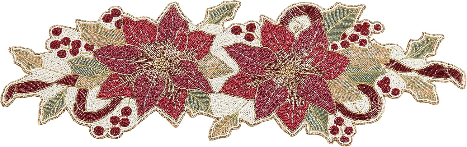 SARO LIFESTYLE Beaded Poinsettia Table Runner, Red/Green, 13"x36" (2112.RG1336B)