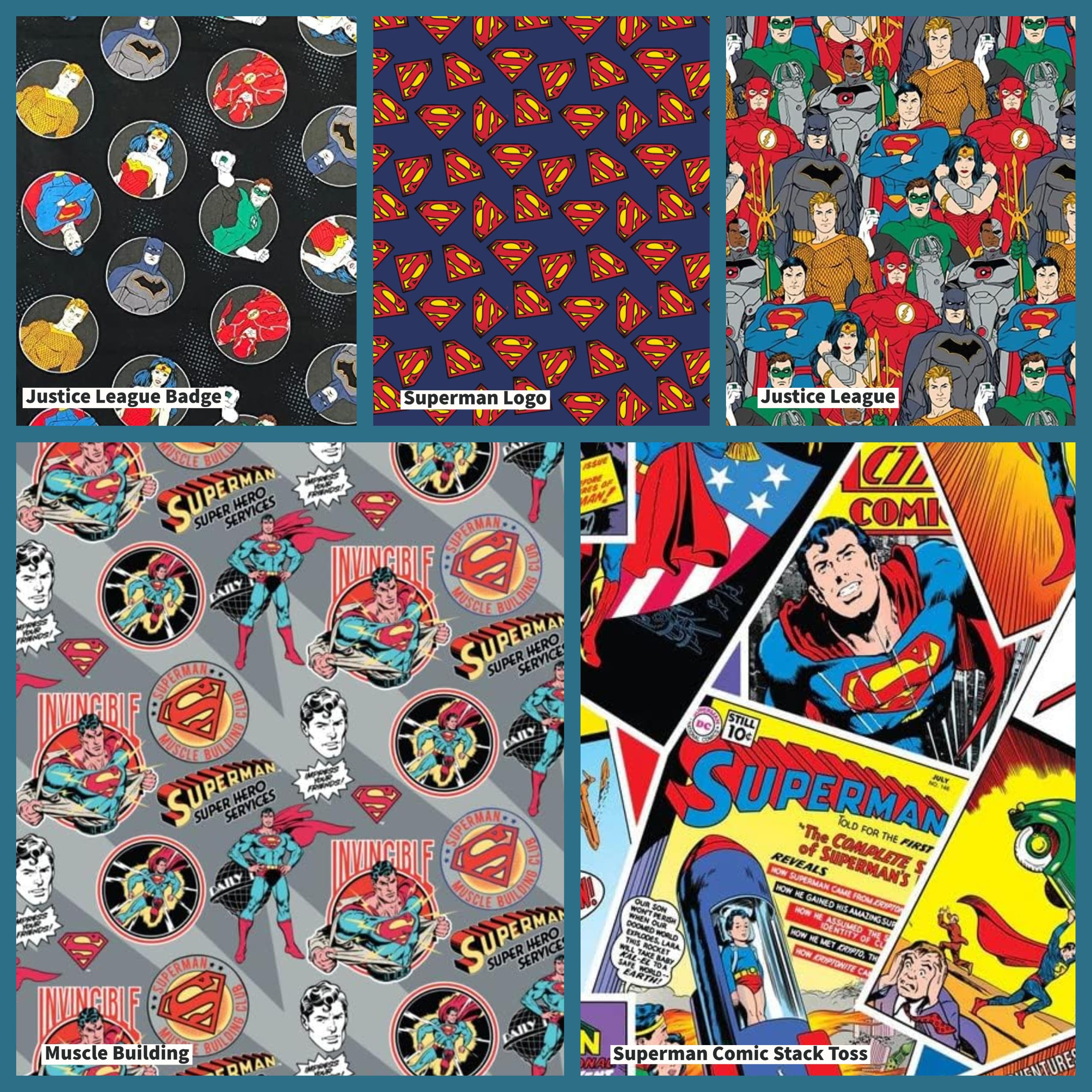 Camelot FabricsSuperman DC Comics Fat Quarters Bundle Justice League Batman Superman Green Lantern Flash Aquaman Wonder Woman Cyborg 100% Cotton Craft Material Pack of 5 (45cmx55cm)