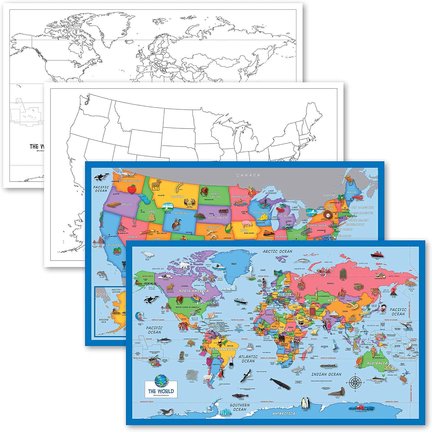 Amazon.com : 4 Pack - USA &amp; World Map Blank Outline Posters ...