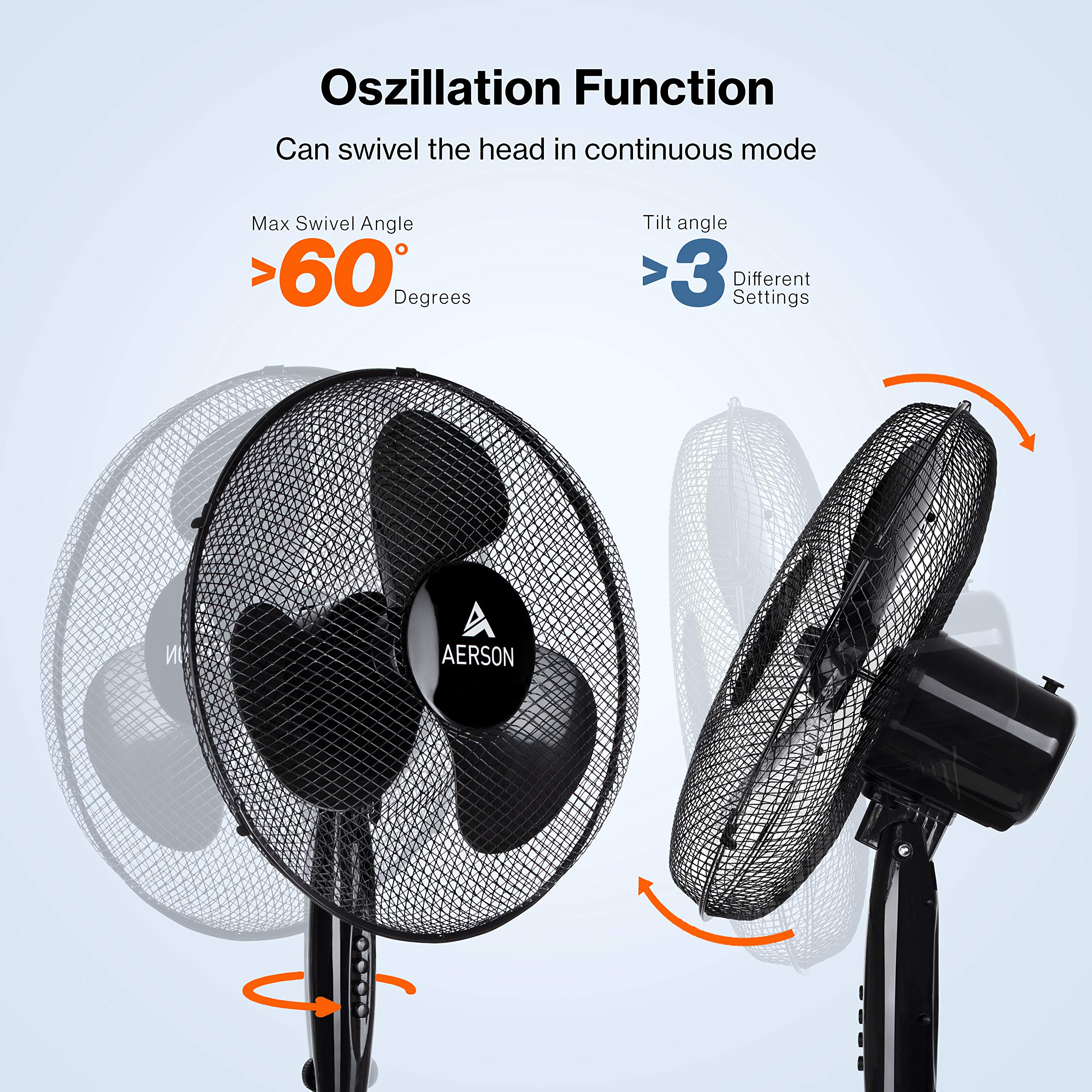 TRESKO AERSON Standventilator 40cm höhenverstellbar bis 120cm leise 3 Geschwindigkeitsstufen Oszillationsfunktion 80° Schwarz