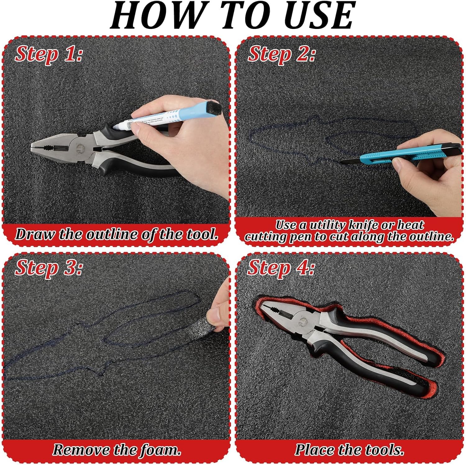 6 Pcs Tool Box Foam Inserts for Cases 24 x 24 x 1 Inch Tool Box Liner Polyethylene Foams Sheets Toolbox Kaizen Organizer and Storage Tool Shadow (Red, Black)