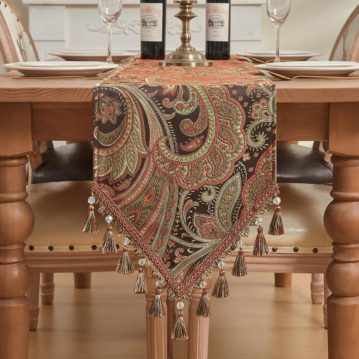 Loom and Mill Vintage Jacquard Table Runner 108 inches Long, Classic Paisley Design Dining Table Runners with Tassels, Great for Home Table Setting Kitchen Dresser Party Holiday Decor(Multi, 13x108in)