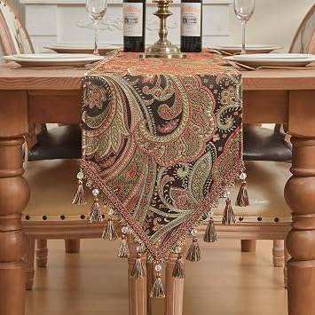 Loom and Mill Vintage Jacquard Table Runner 90 inches Long, Classic Paisley Design Dining Table Runners with Tassels, Great for Home Table Setting Kitchen Dresser Party Holiday DecorMulti, 13x90in