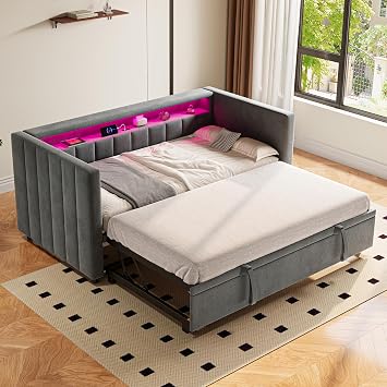 Pull-Out Bed with Storage, Multifunctional Sleeper Sofa with LED & USB-C Port, Convertible Sofa Bed Frame for Bedroom and Living Room, 90x190 cm, Velvet, Grey (No Mattress)