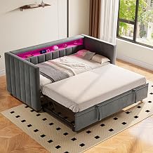 Pull-Out Bed with Storage, Multifunctional Sleeper Sofa with LED & USB-C Port, Convertible Sofa Bed Frame for Bedroom and Living Room, 90x190 cm, Velvet, Grey No Mattress